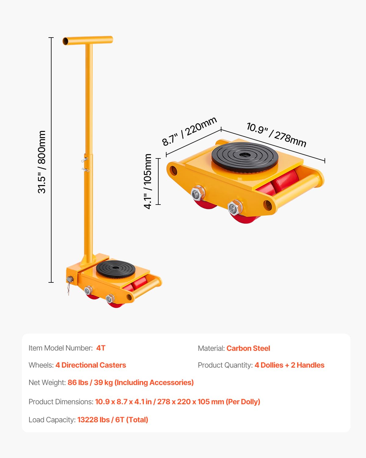VEVOR Machine Skate, 6T Machinery Skate Dolly, 13228 lbs Machinery Moving Skate, Machinery Mover Skate with 360° Rotation Cap and PU Directional Rollers, Heavy Duty Industrial Moving Equipment, Yellow