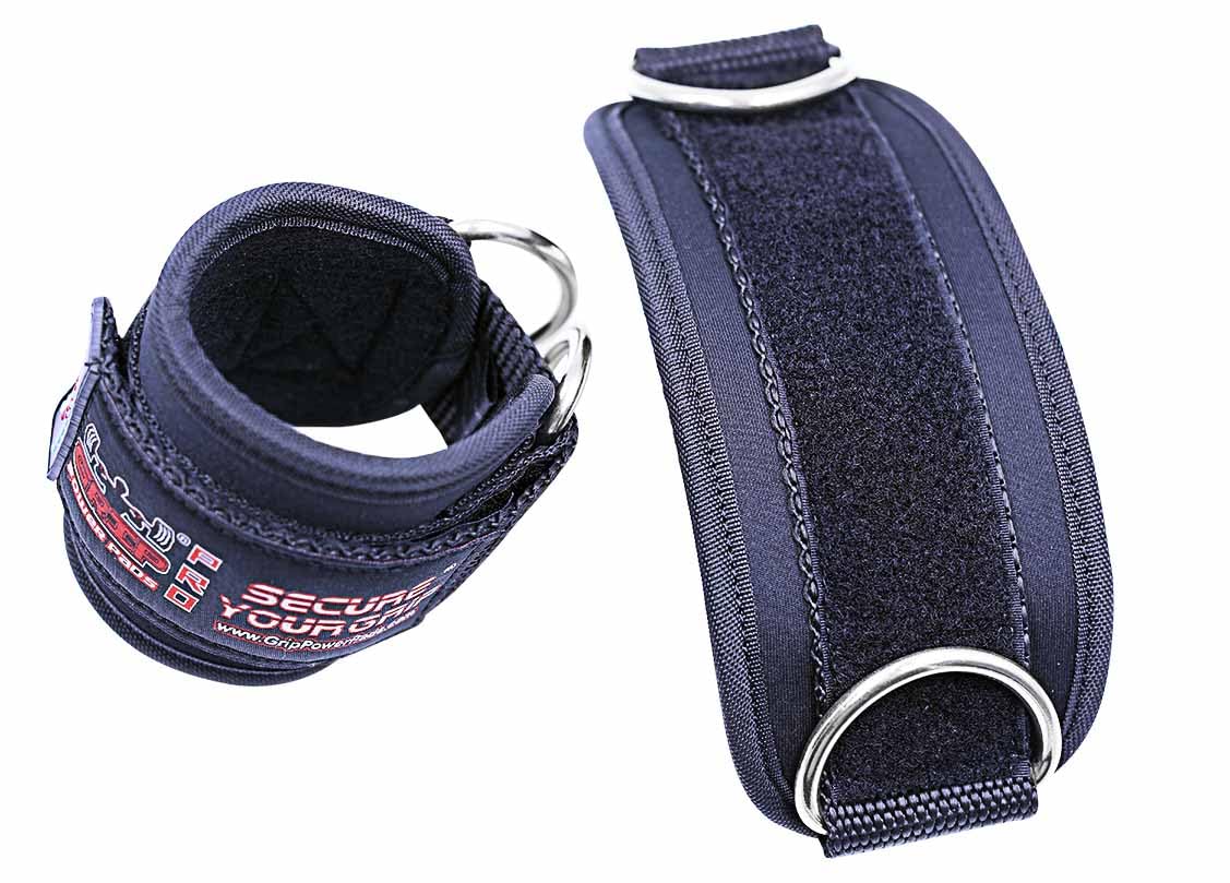 Grip Power Pads Best Ankle Straps for Cable Machines Double D-Ring Adjustable Neoprene Premium Cuffs to Enhance Legs, Abs & Glutes for Men & Women (Black, Single)
