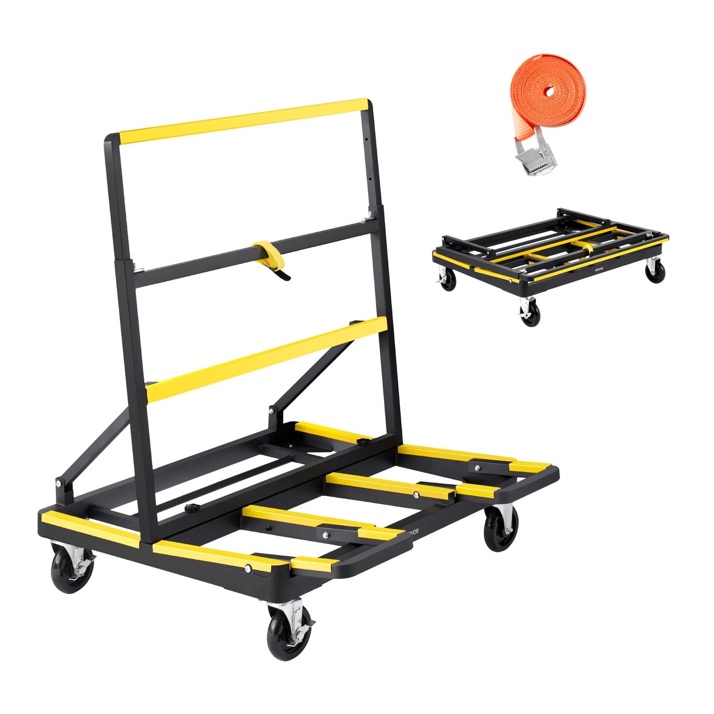 VEVOR Drywall Cart Dolly, 1800 lbs Load Capacity, Steel Panel Dolly with 4 Swivel Casters & Expandable Deck, Foldable Panel Truck Cart with Tie-Down Strap for Handling Plywood, Plasterboard, Glass