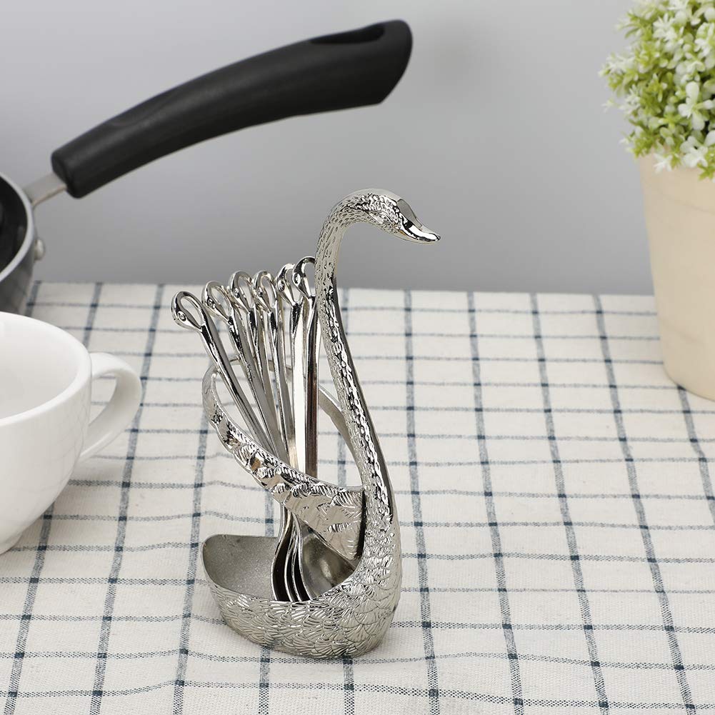 6PCS Small Coffee Spoon Holder Set, Stainless Steel Mini Spoons Dessert Teaspoons Decorative Swan Base Holder with 6PCS Demitasse Espresso Spoons for Coffee Bar, Coffee Station, Party