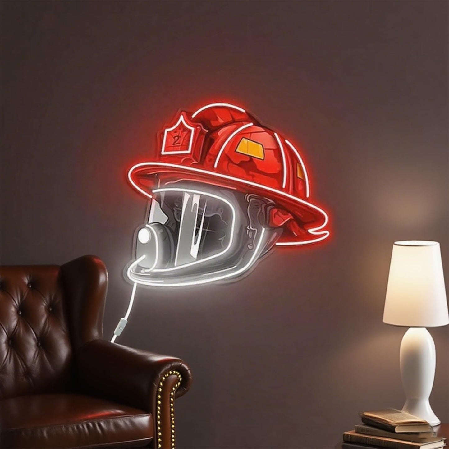 Firefighting Helmet Neon Sign,USB Powered Neon Light,Hero Decor Neon Light USB Powered LED Dimmable,for Hero Wall Decor Man Cave Firefighting Sign Wall Decor art, Firefighting Gift