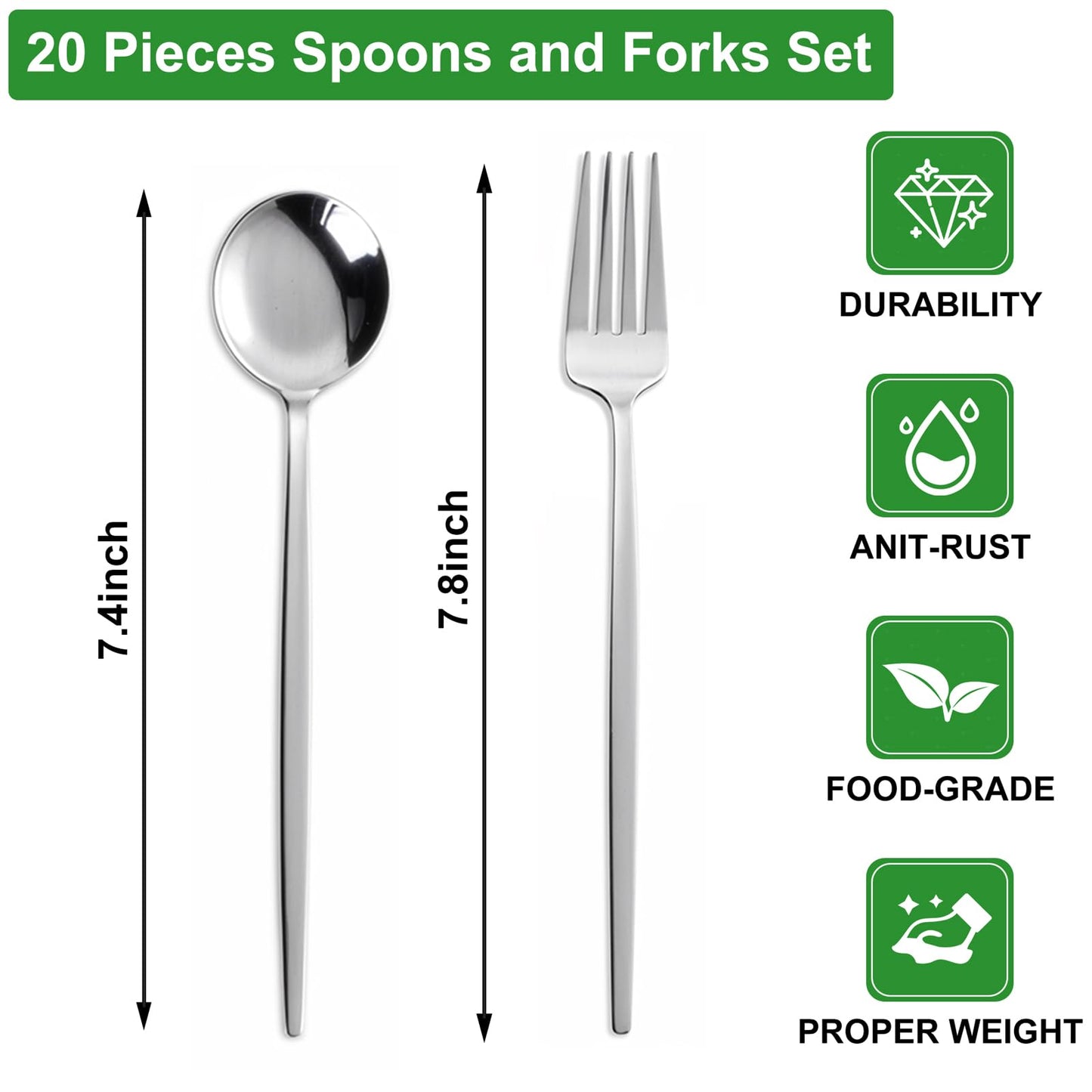 NOCCUR 20-Piece Stainless Steel Spoons and Forks Silverware Set for 10 - Forks and Spoons Utensils Set - Mirror Polished for Home&Party