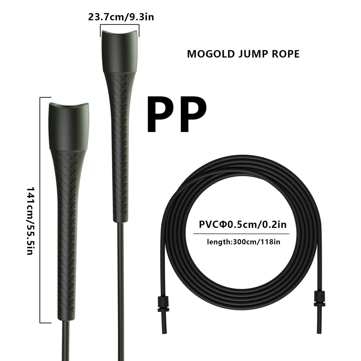 MOGOLD Unbreakable Jump Rope – Pro-Grade PP Handles with Diamond Texture, 40X Strength PVC Cord, Adjustable 3m Length for HIIT, Home Gym, or Boxing Training (Portable & Tangle-Free) (Black handle with white cord)