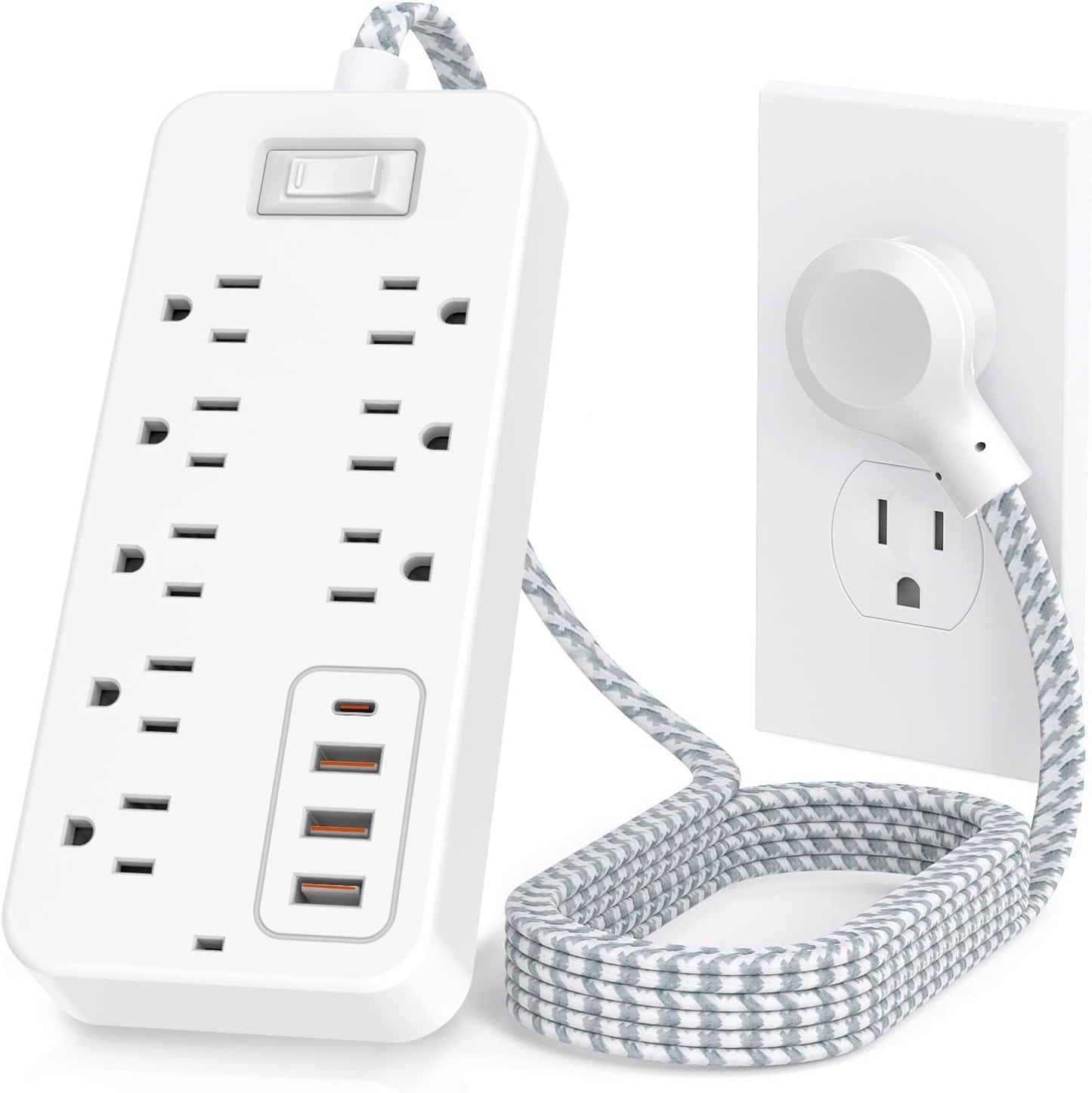 Roopersnake 8 4 Ports(1 Bluetooth Portable Speakers Extension Cord Surge Protector Power Strip - Flat Plug Braided