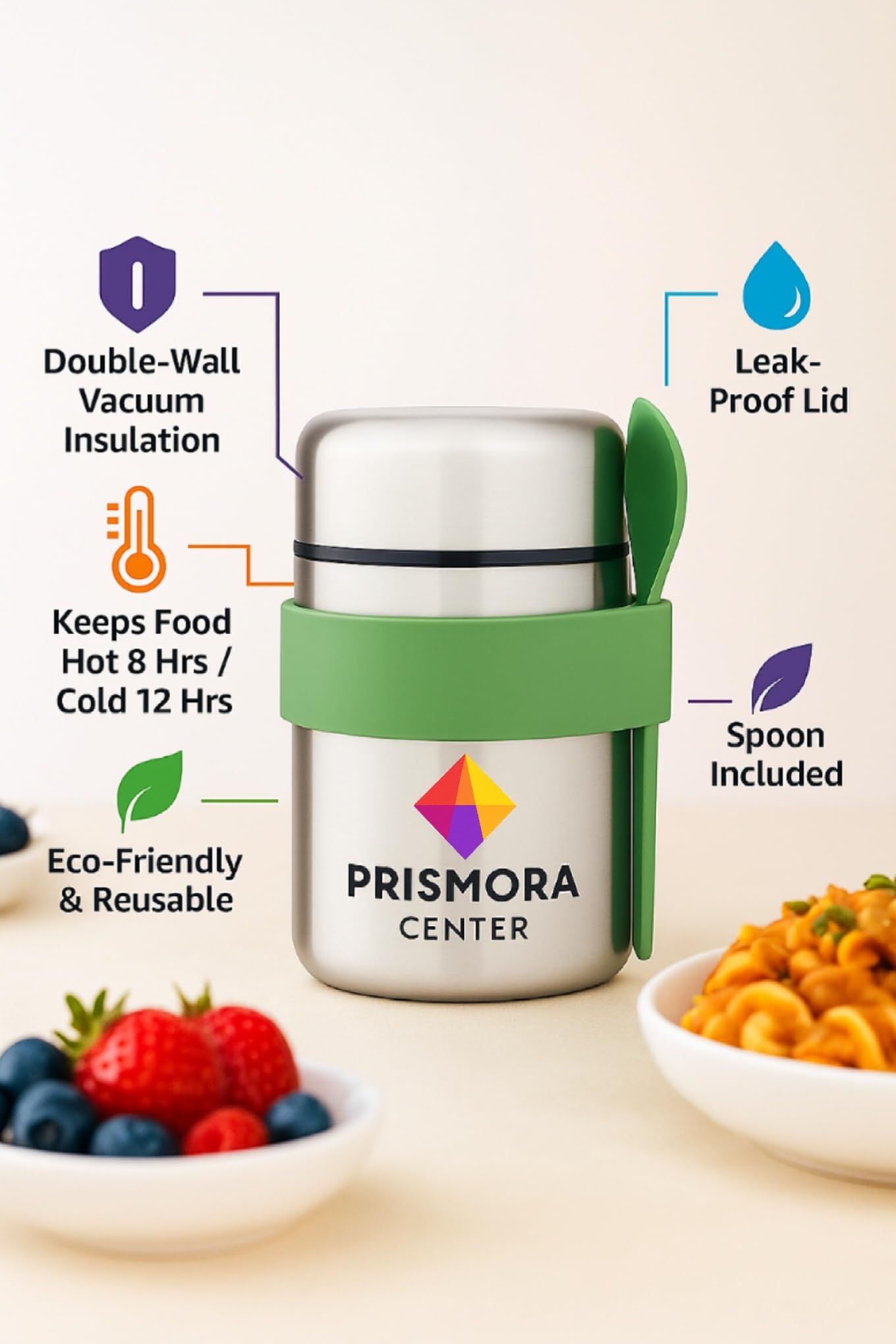 Prismora Center Insulated Vacuum Food Jar, 13.5 oz Leak-Proof Stainless Steel Food Jar for Hot & Cold Meals, BPA-Free, Dishwasher Safe, Portable & Durable Food Storage Container (Green)