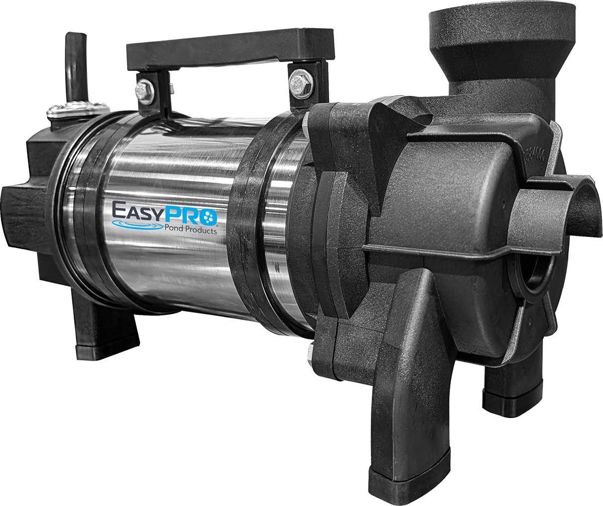 EasyPro HTH250 Stainless Steel Horizontal Submersible Pond Pump | 4800 GPH, 115V | 20' Power Cord | Continuous Duty Water Pump for Waterfalls, Streams & Skimmers | Energy Efficient Vortex Impeller
