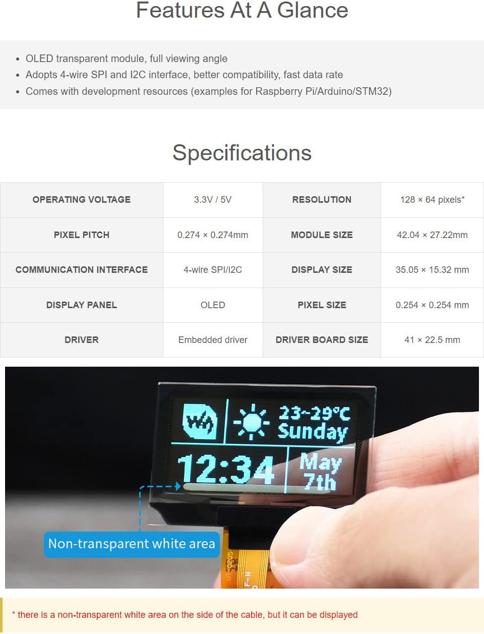 1.51inch 12864 4B/3B+/3A+ SPI/I2C Waveshare Transparent OLED Resolution Compatible with Raspberry Pi Embedded