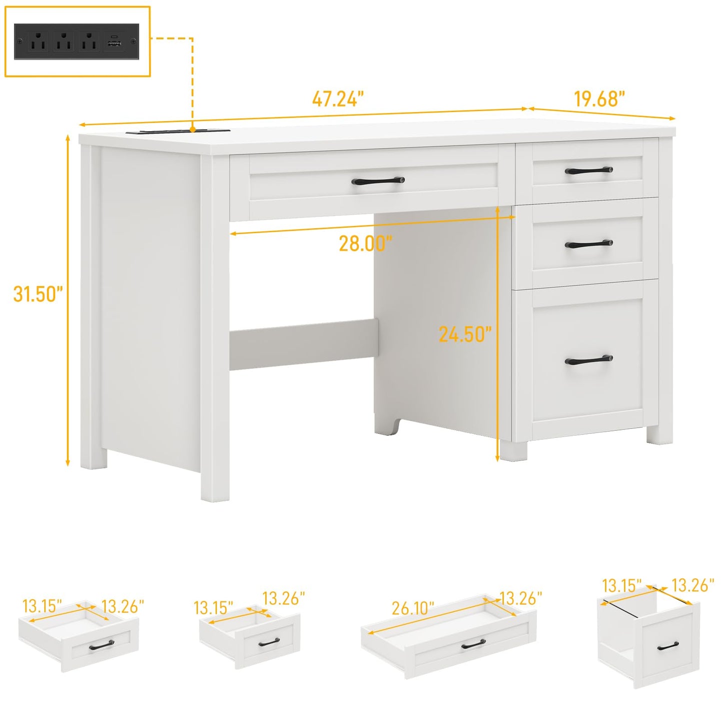 Halitaa Farmhouse 47" Executive Desk, Computer Desk with File Drawer and Charging Station, Workstation for Home Office, Study(Cream White)