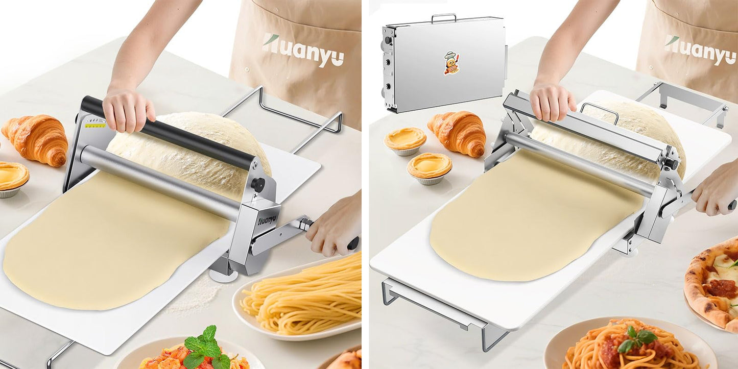 Huanyu Folding Dough Sheeter with 10 Adjustable Thickness Settings for Home and Commercial Bakeries, Stainless Steel 12" and 15" Bundle
