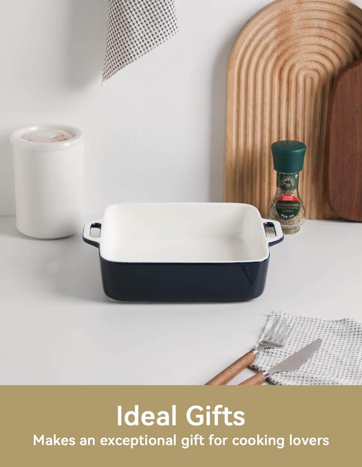 Sweejar 8x8 Baking Pan - Ceramic Casserole Dish with Double Handles | 2 QT Navy Square for Brownies & Lasagna