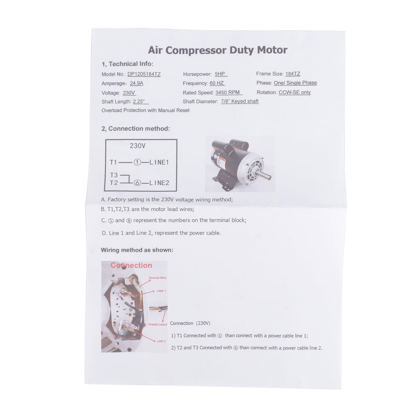 54421193 5HP Air Compressor Motor Replacement for Ingersoll Rand, Single Phase, 184T Frame, Open Drip Proof Enclosure, 5Hp Output, 3450RPM, 60Hz, 208-230V, 23378805 Mixizap