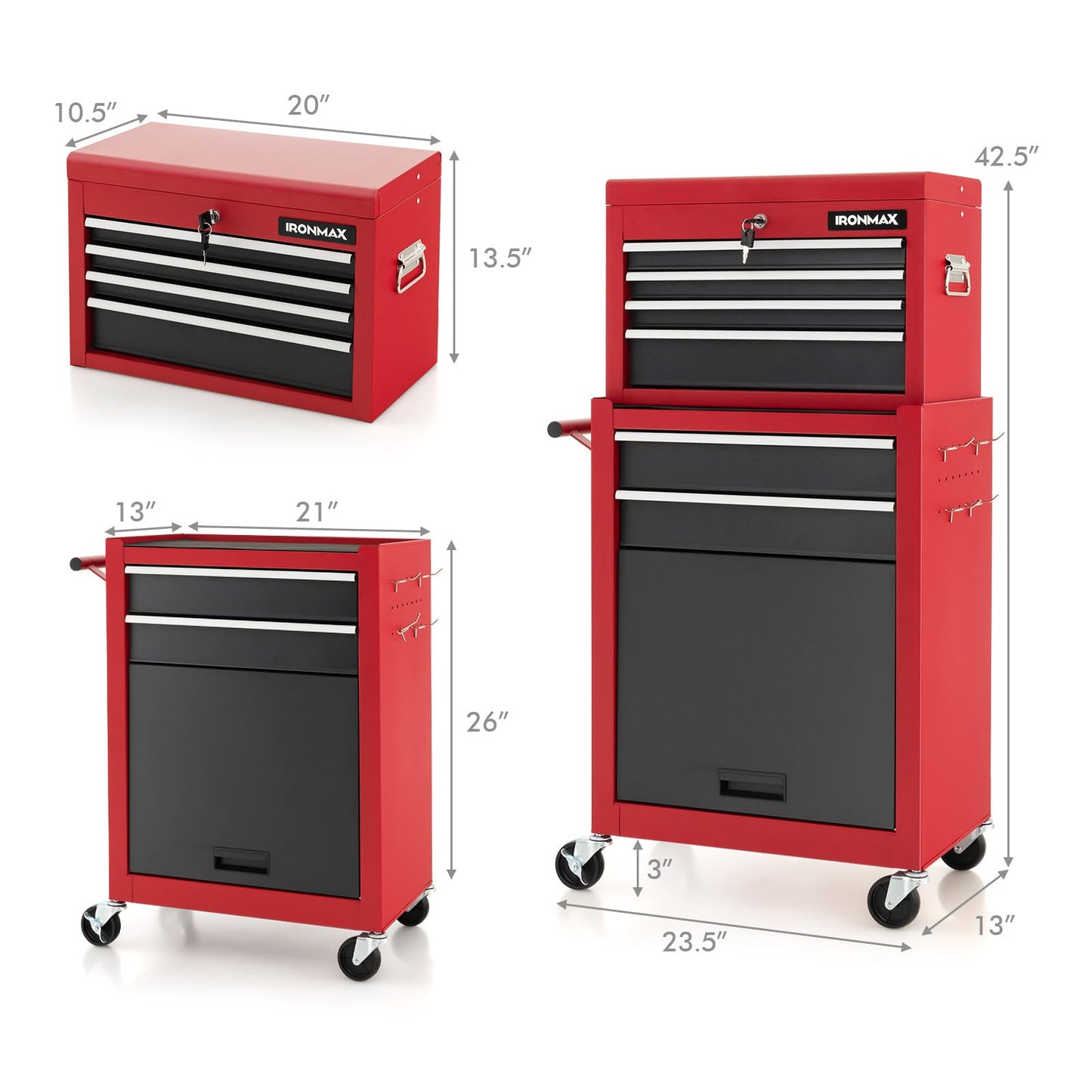 ERGOMASTER Rolling Tool Chest Cabinet Big Capacity Storage with Wheels and Lock Key, Portable Tool-Box Organizer with Sliding Drawers - 6 Drawers & BlackRed