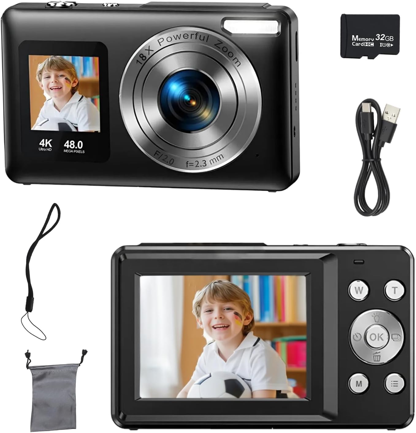 DILTEX 4K 48MP 18X 32GB Digital Camera for Teens with Autofocus and Dual Screen for Selfies Zoom, Built-In Fill Light