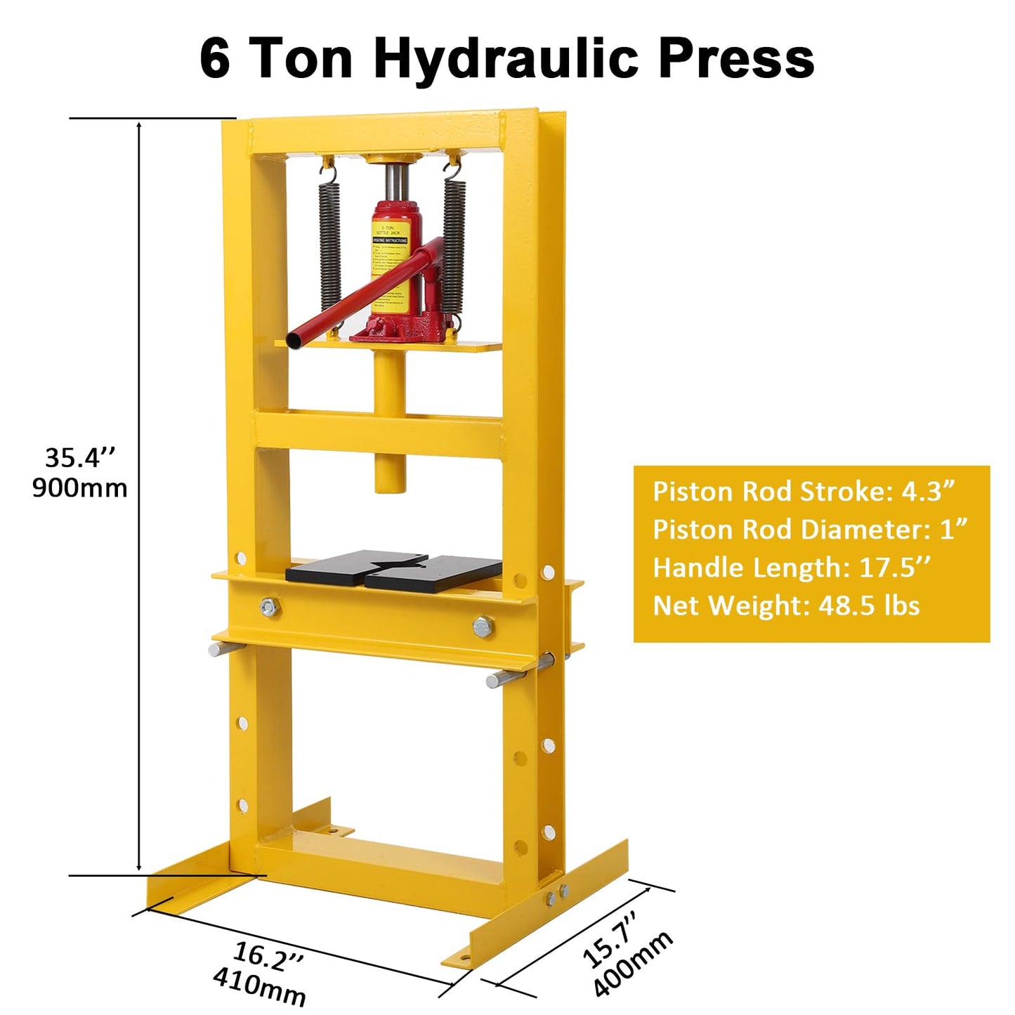 GarveeTech Hydraulic Press 6 T Hydraulic Shop Press, H-Frame Garage Floor Benchtop Press Adjustable Shop Press with Plates, Adjustable Working Table Height, for Gears and Bearings, Yellow