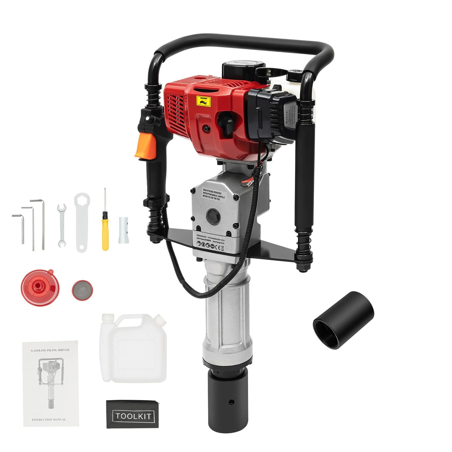 AKSDSGA 52CC Petrol Post Driver 2 Stroke Gas Powered T-Post Driver Hammer Drills with 2 Post Driving Heads, Air Cooling Single Cylinder Gasoline Petrol Garden Fencing Tool Machine