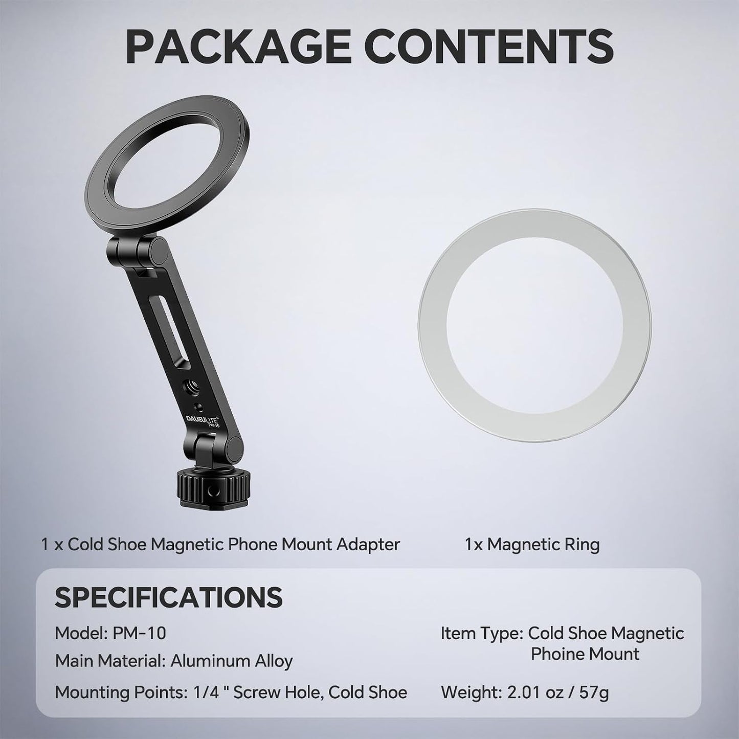 DAUEULITE 17/16/15, PM-10 Magnetic Metal Phone Mount with Cold Shoe Mount, Adjustable Rotatable Phone Tripod Holder