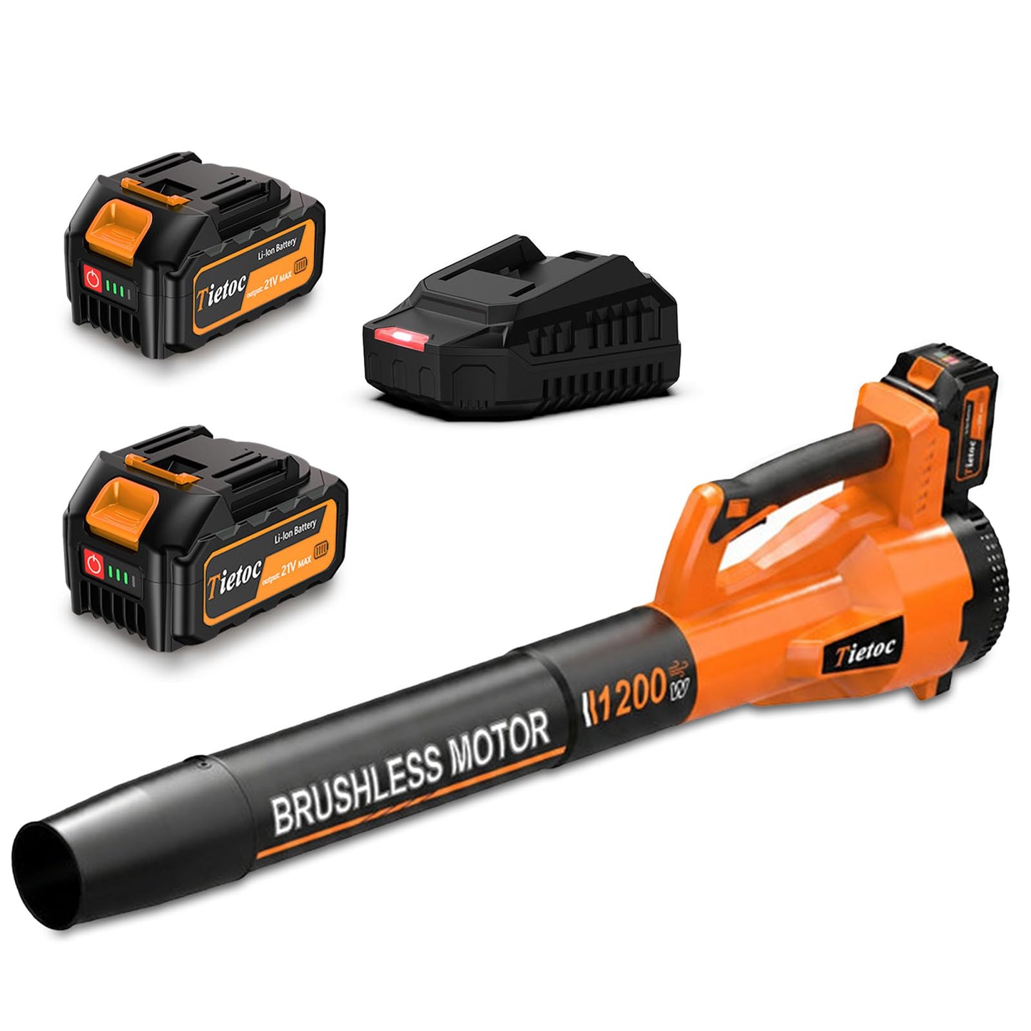 Tietoc Leaf Blower Cordless,1200W Brushless Electric Leaf Blowers w/ 2x5.0Ah Battery & Fast Charger, 6 Speed Powerful Blowers for Garden Lawn Care Patio Blowing Leaves Dust Snow Gift for Men Orange