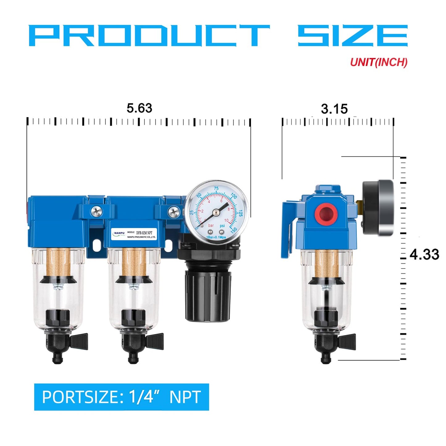 NANPU 1/4" NPT Air Drying System - Double Air Filters, Air Pressure Regulator Combo - Manual Drain, Poly Bowl - DFR-02M