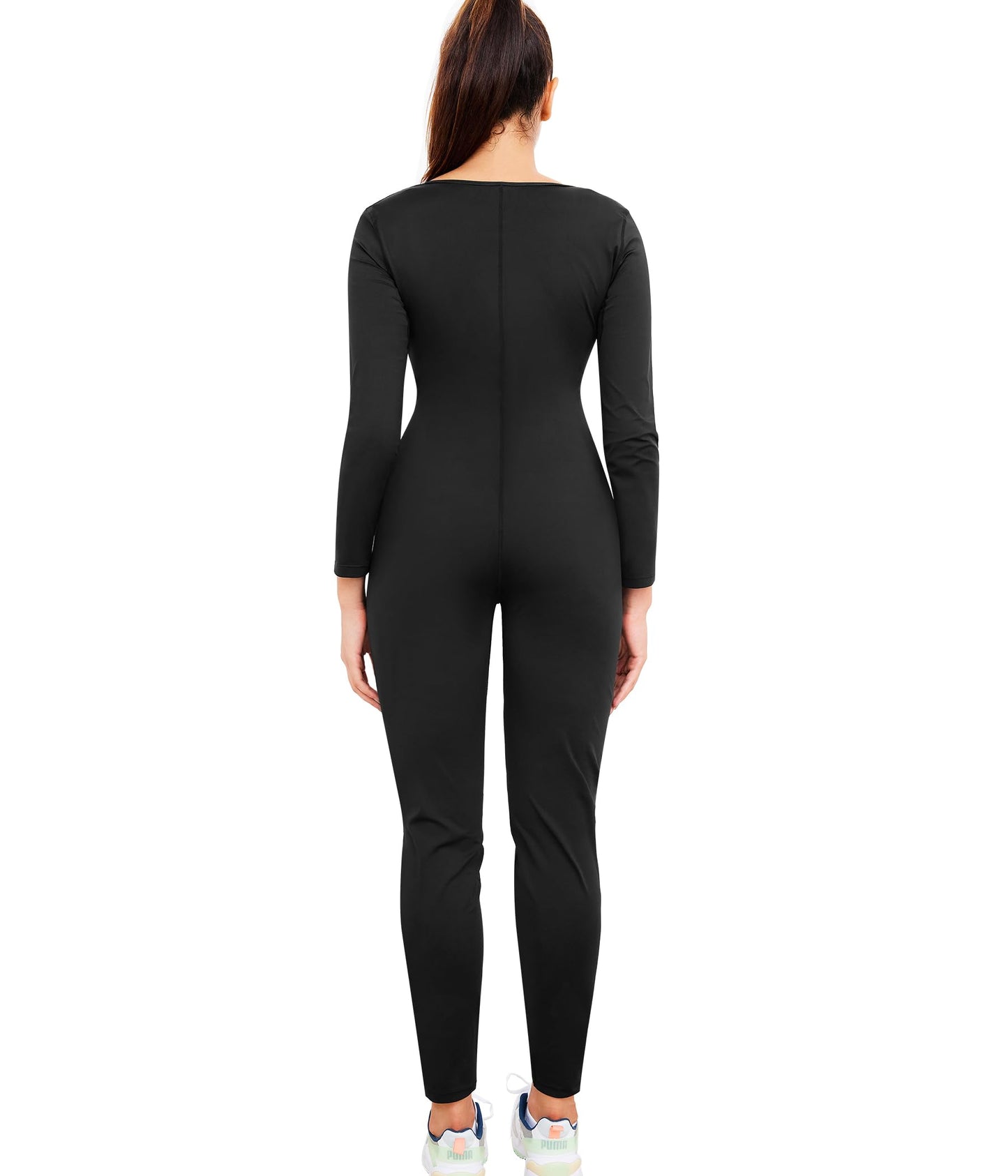 Junlan Sauna Suit for Women Full Body Compression Suit Sweat Jumpsuit Waist Trainer for Working Out(Black,Large)