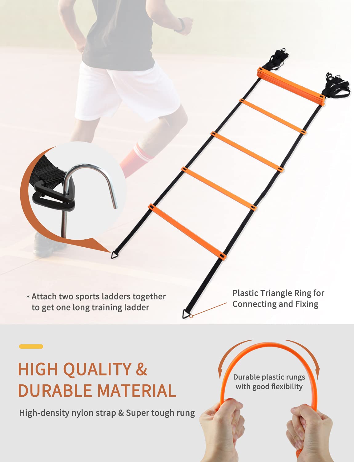YISSVIC Agility Ladder and Cones 20 Feet 12 Adjustable Rungs Fitness Speed Training Equipment,1 Carry Bags, 10 Cones, 4 Stakes, Basketball, Soccer (20 feet Orange)