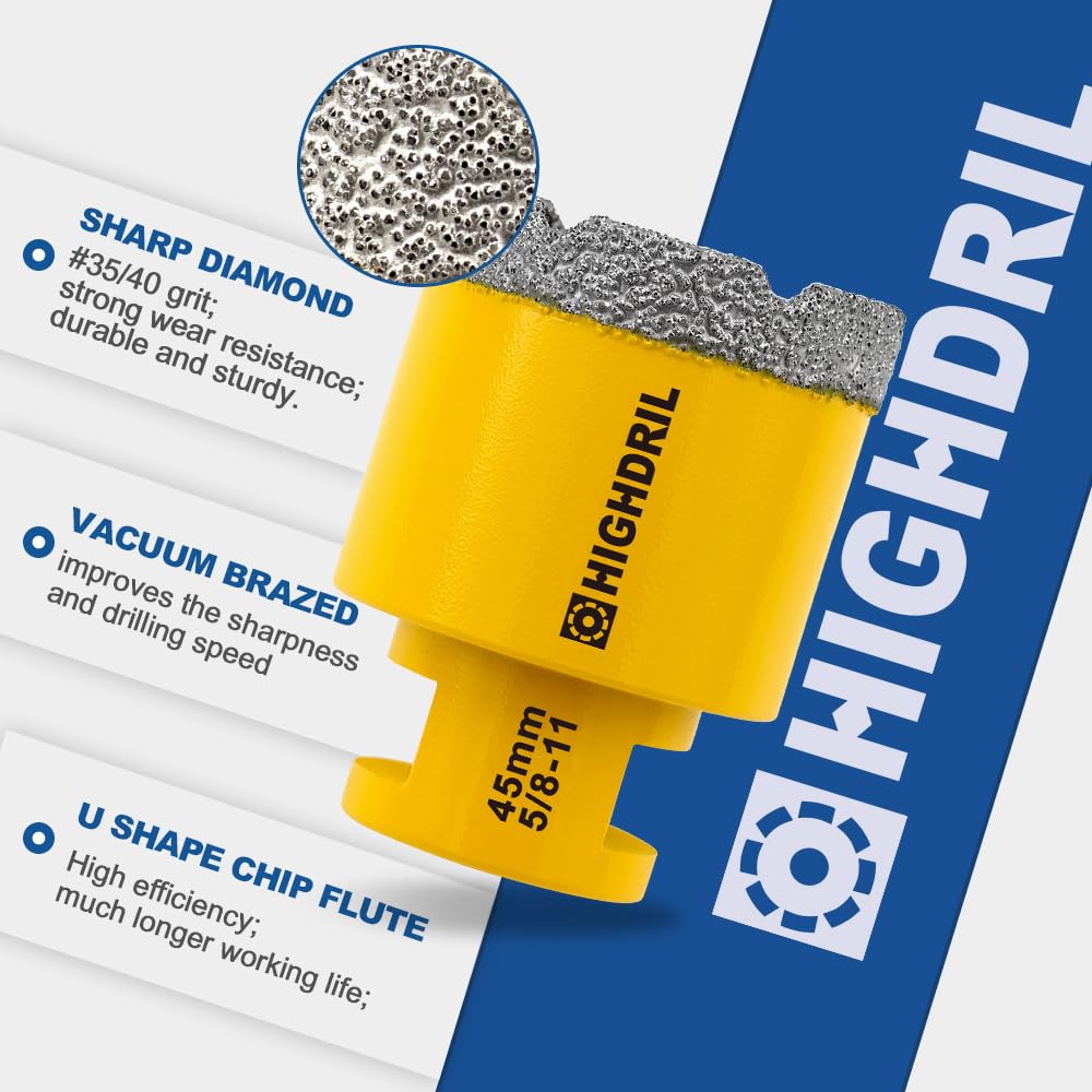 HIGHDRIL Diamond Drill bits kit with 5/8-11 Vacuum Brazed Hole Saw(20/25/35/50/75/100mm) &Diamond Beveling Chamfer Bits 2" for Existing Hole Trimming Finishing Cleaning Enlarging Marble Porcelain Tile