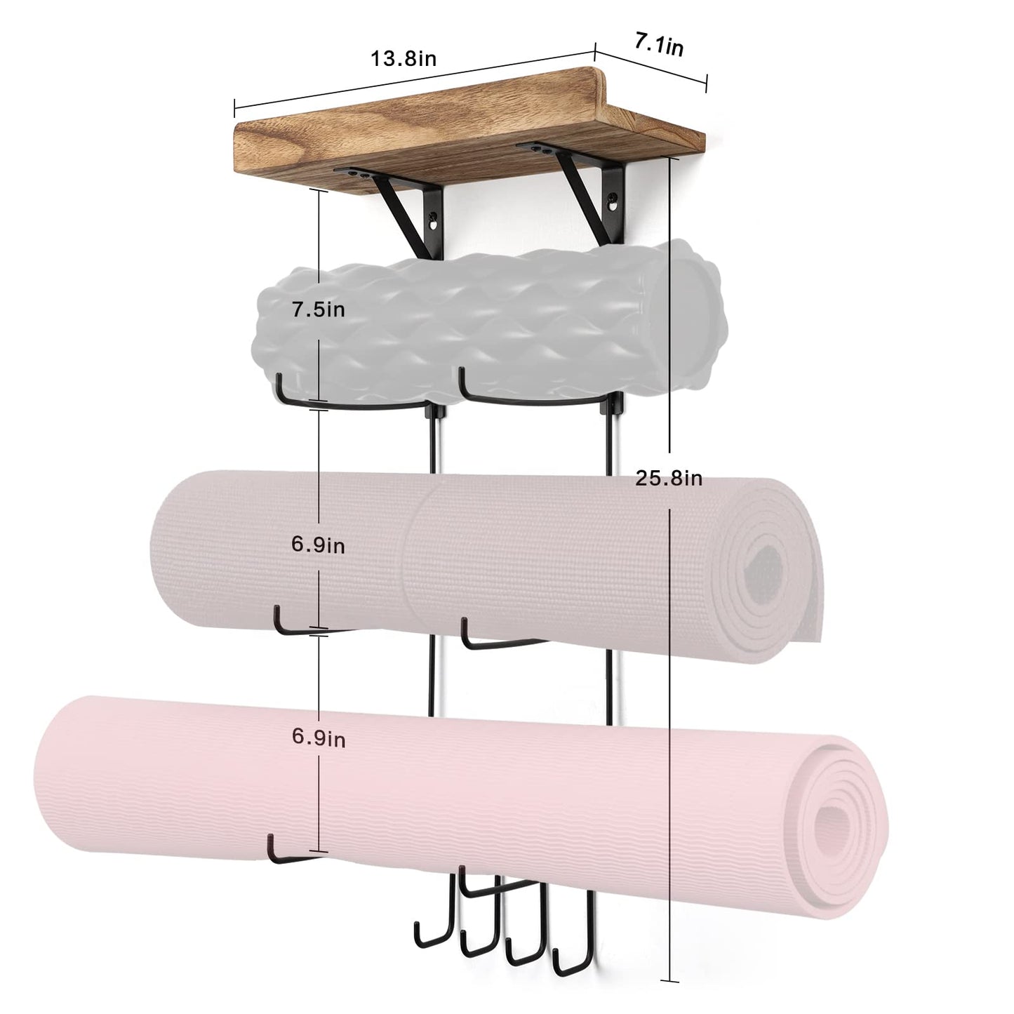 2 PACK Yoga Mat Holder Wall Mount Yoga Mat Storage Shelf Rack Home Gym Accessories with Wood Floating Shelves and 4 Hooks for Hanging Foam Roller and Resistance Bands Home Gym Carbonized Black