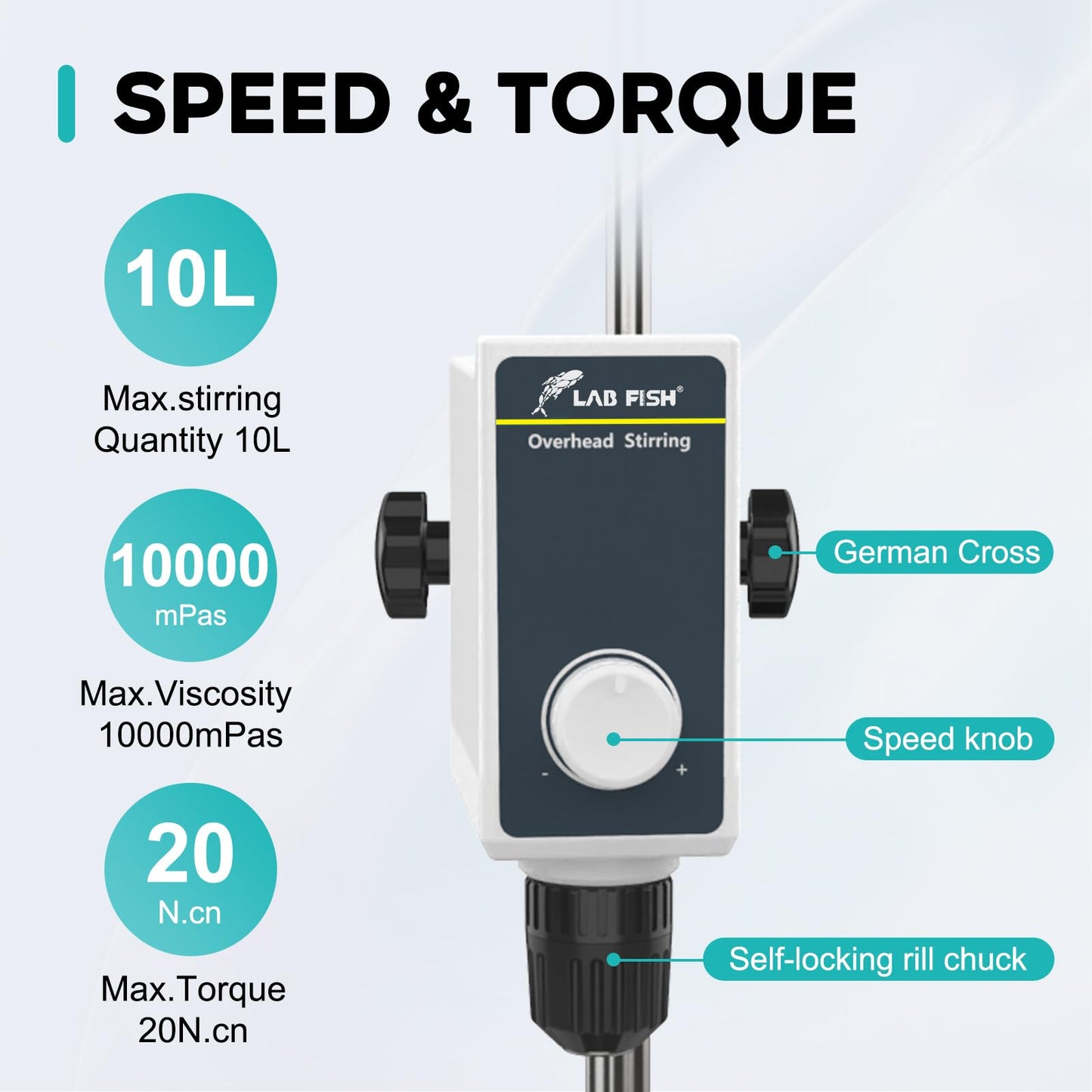 LAB FISH Laboratory Overhead Stirrer Lab Stirrer | Stirring Rod and Stainless Steel Stand | Mixer Adjustable Speed 100-1000RPM Capacity 10L 10000 mPas AC 100-240V