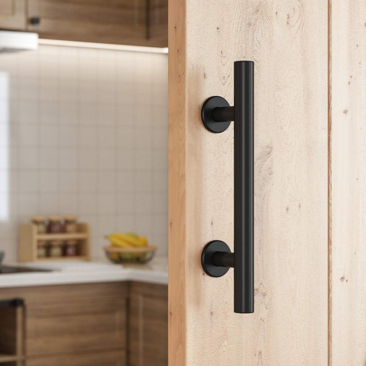SMARTSTANDARD 12" Heavy Duty Sliding Barn Door Handle, Pull and Flush Hardware Set, Black Powder Coated Finish, Large Rustic Two-Side Design, Round