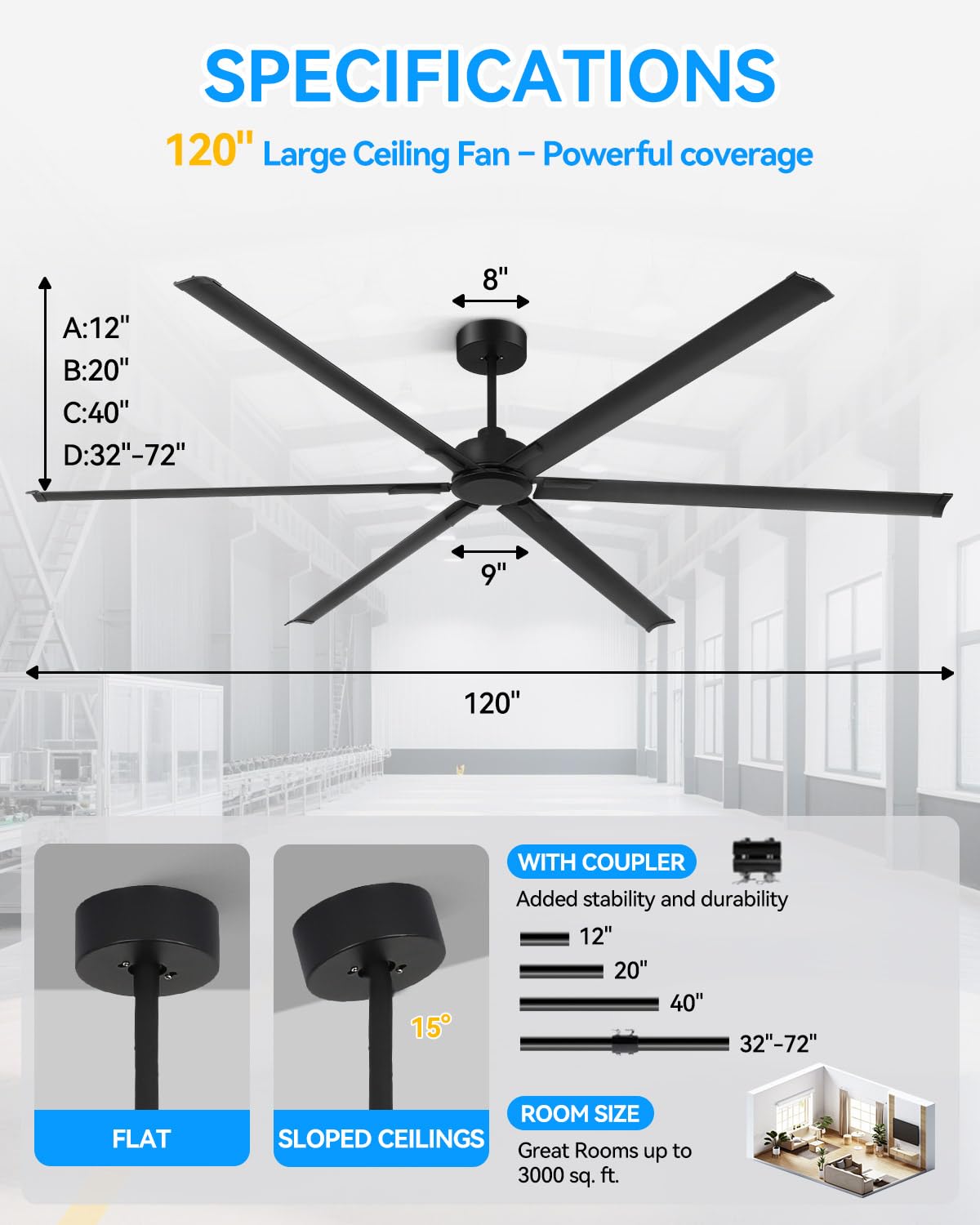 [Heavy Duty] 120 Inch Industrial Ceiling Fan, Big Assed Fan, HVLS Extra Large Commercial Ceiling Fan with Aluminum Blades, Remote Control, Powerful Reversible DC Motor for Warehouse, Shop, Garage