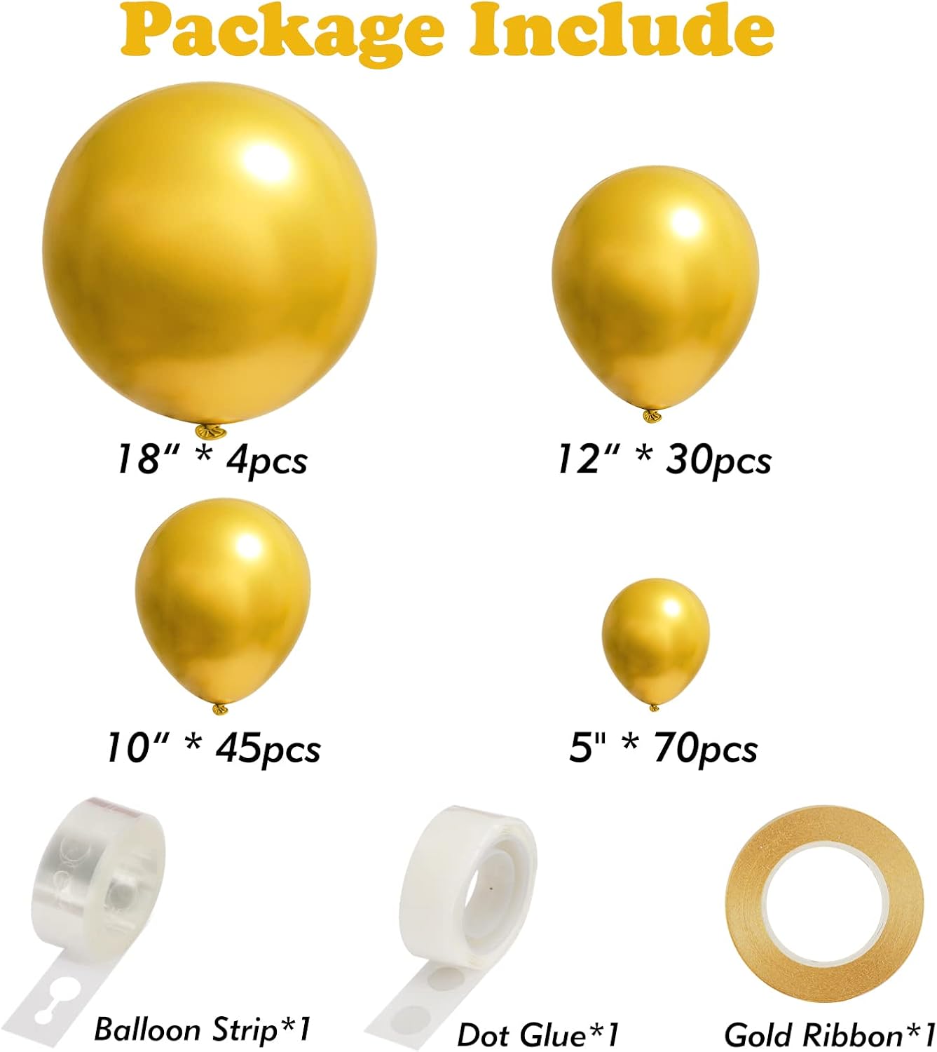 RUBFAC Metallic Gold Balloon Arch Kit - 149pcs Latex Balloons in 5-18 Inch Sizes for Parties & Events