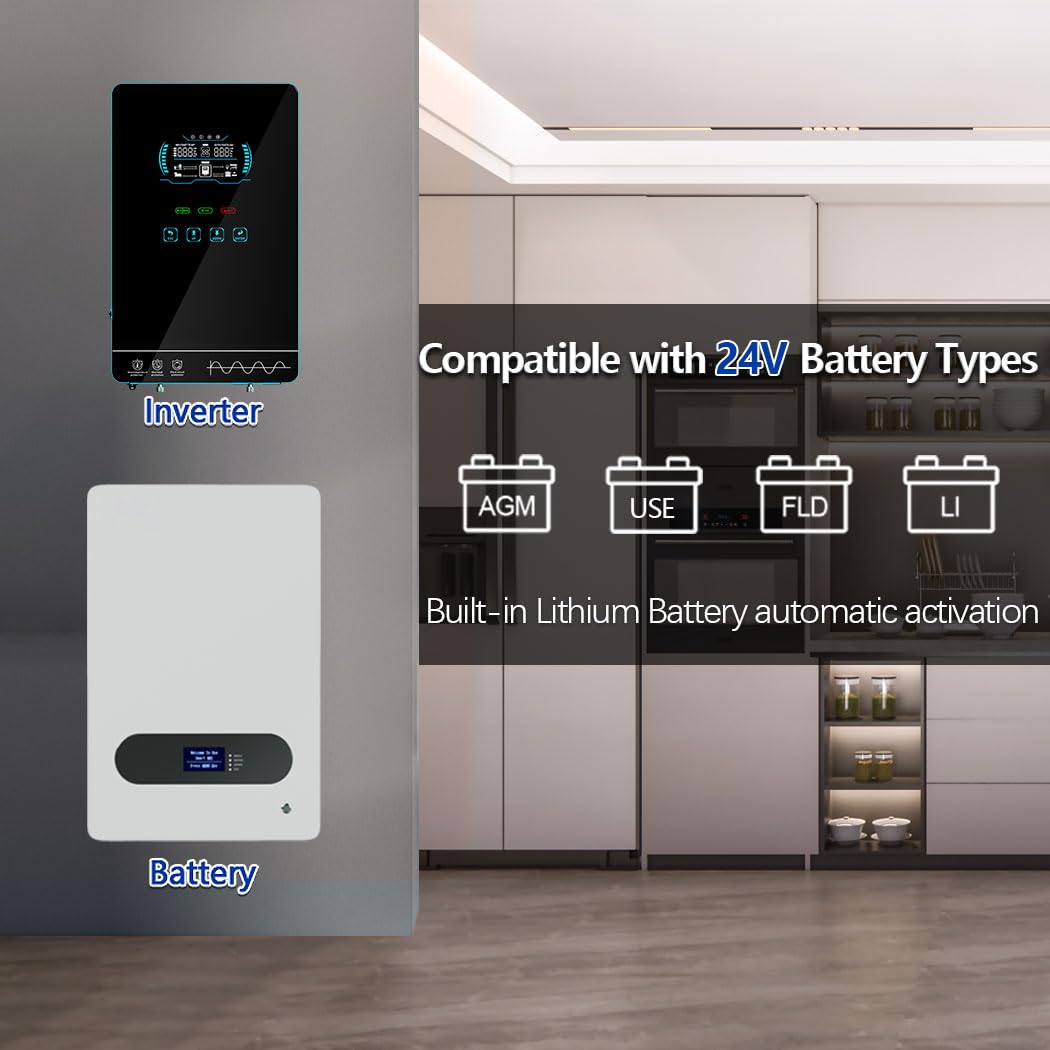 Y&H 4000W Hybrid Solar Inverter DC24V 120VAC Pure Sine Wave Output Battery-Free Starting, Built-in 140A MPPT Charger, 6.25" Touch LCD, UPS/Line/Battery Mode, for Off-Grid Home/RV/Energy Storage System