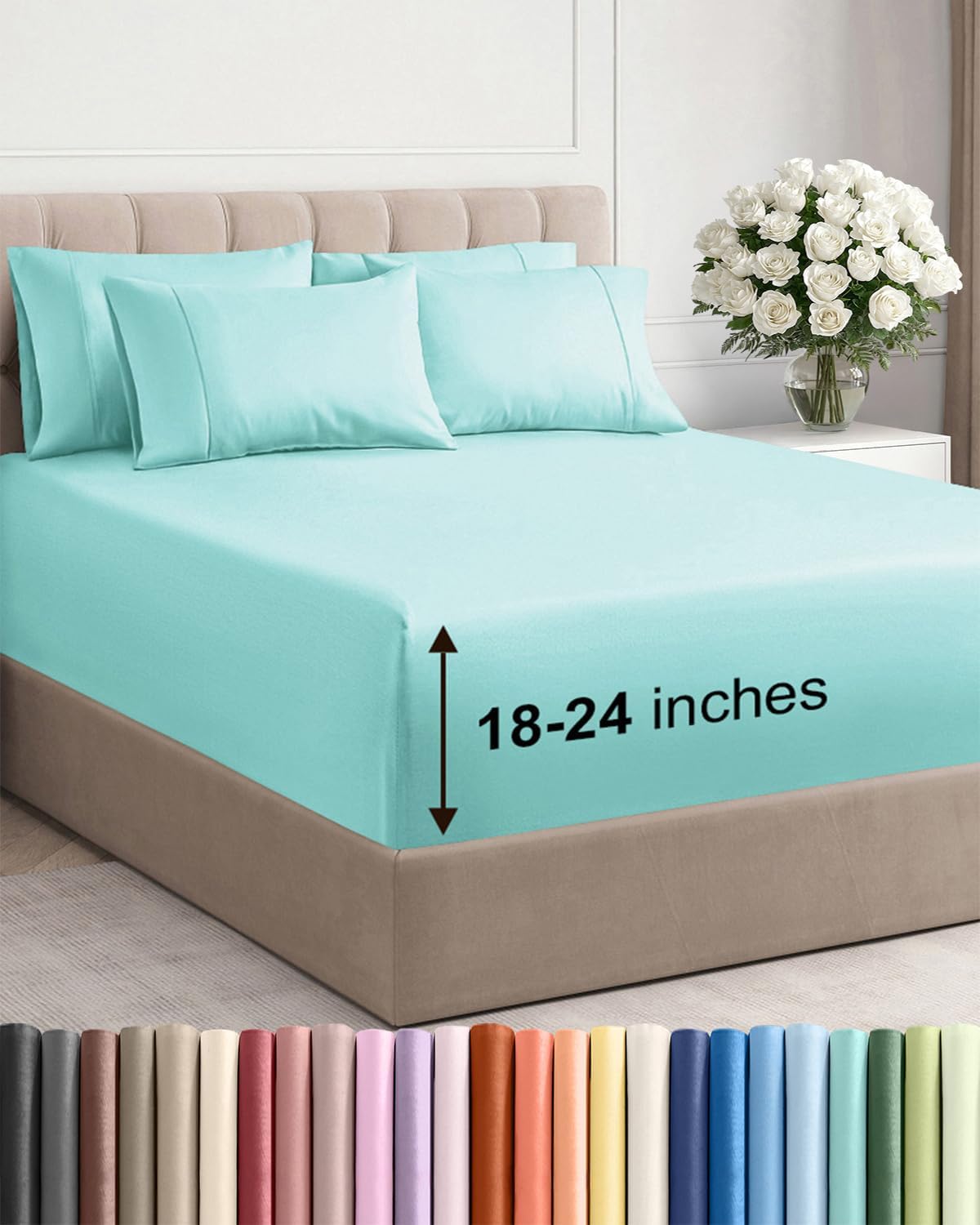 Skiennix Extra Deep King Sheet Set | 6-Piece Breathable Cooling Bedding - Soft, Wrinkle-Free Spa Blue