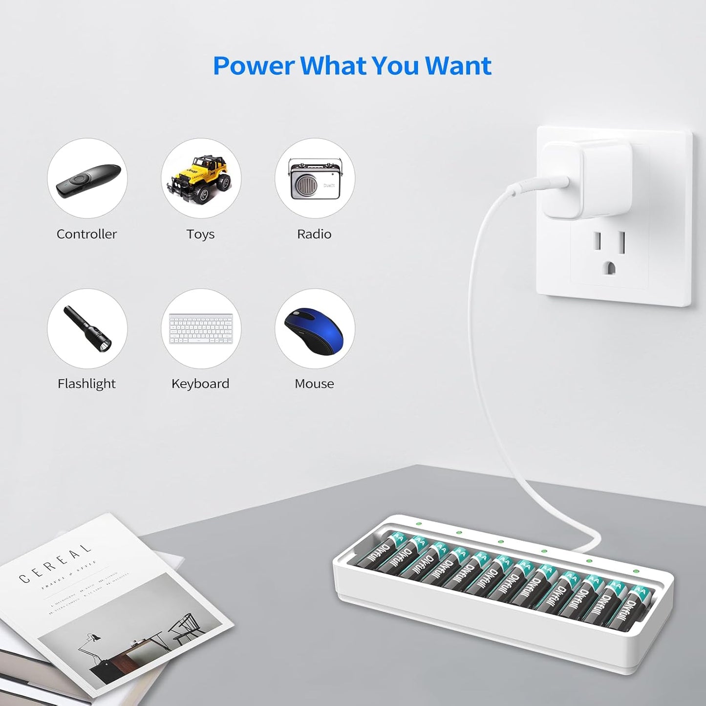 DLYFULL 12 Bay AA AAA Battery Charger, USB and Type-C Selectable High-Speeding Charging for Ni-MH Ni-CD Rechargeable