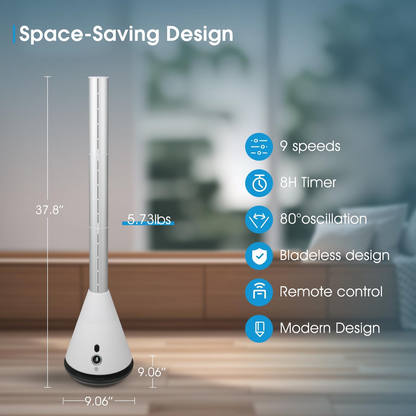HINEIBER Bladeless Tower Fan with 9 Speeds, 80° Wide Oscillating Cooling Fan, Electric Standing Floor Fan with 8H Timer, Space-Saving Design for Bedroom Office