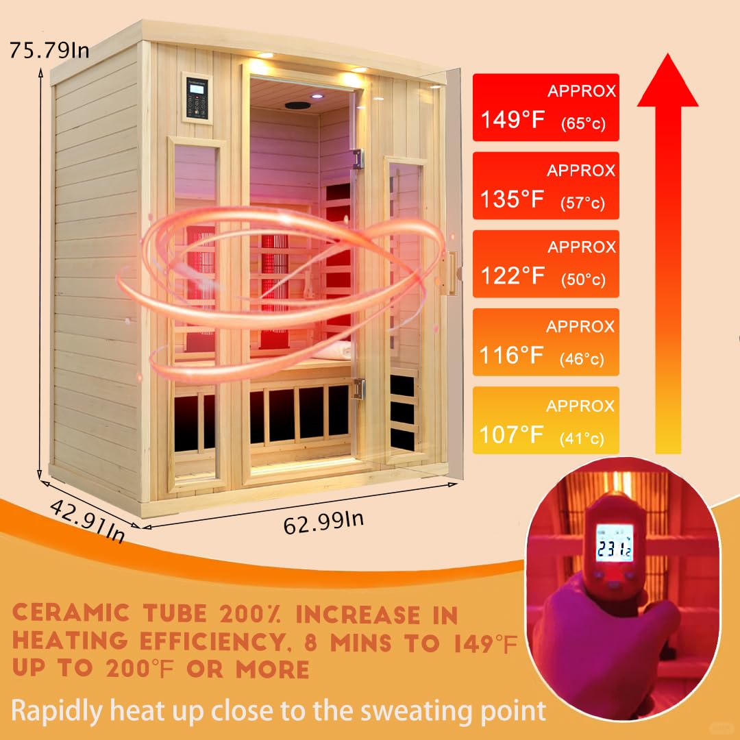 KUNSANA Ceramic Infrared Sauna 3 Person, Infrared Saunas for Home, Low EMF Far Infrared Sauna, Indoor Home Sauna Spa, Hemlock Wooden Sauna with Bluetooth Speaker, Chromotherapy Lamp, 2050W
