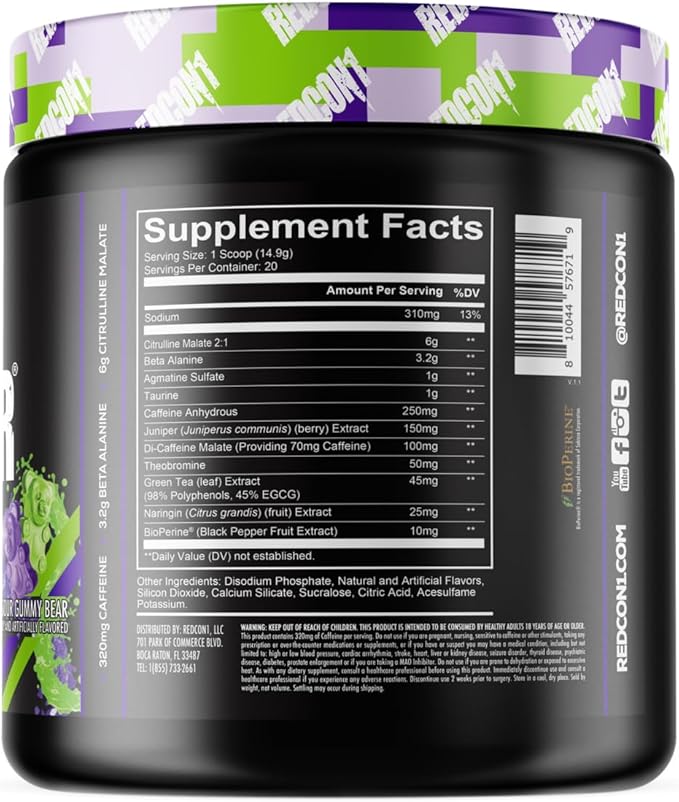REDCON1 Total War Pre Workout, Sour Gummy Bear - Fast Acting Caffeinated Preworkout for Men + Women with Beta Alanine - Contains Citrulline Malate for Increased Pump, Blood Flow (20 Servings)