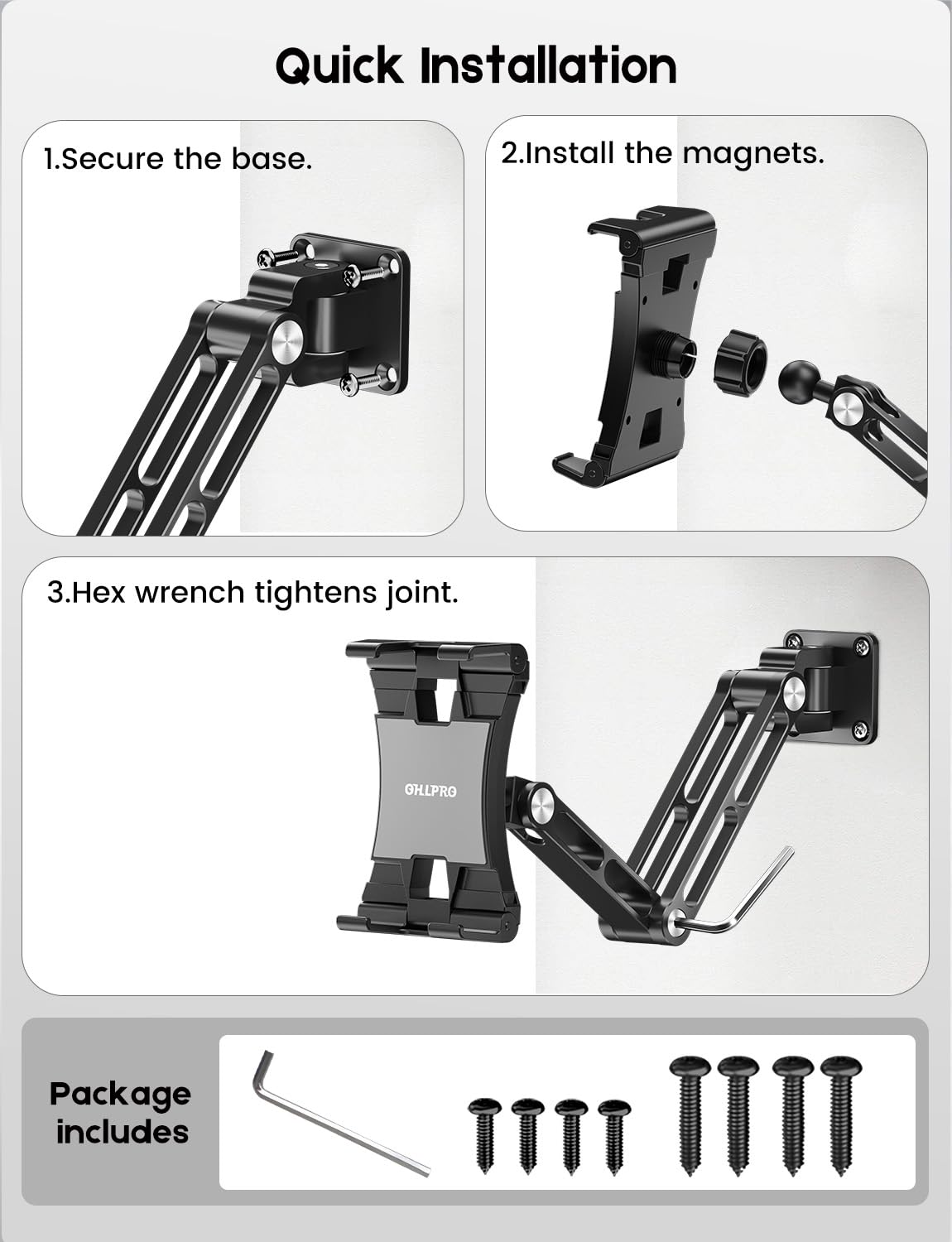 OHLPRO Tablet Wall Mount, Heavy Duty Aluminum iPad Wall Mount Holder with 360° Rotating 2-Stage Foldable Arm, Compatible for 5-13" Phones and Tablets, for Kitchen, Gym, Office, Home