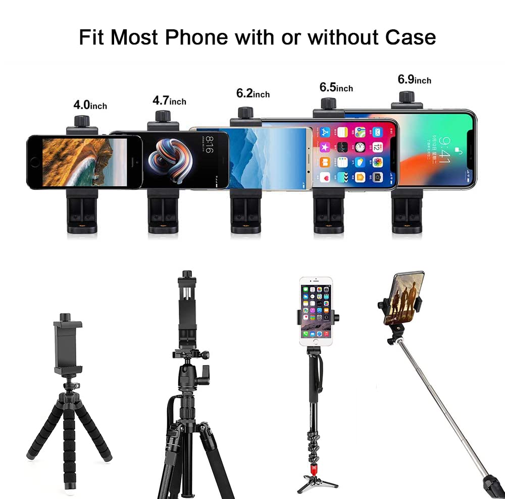 EszkozTA Cell Phone Tripod Mount Adapter, Universal Phone Holder Adjustable Clamp, 360 Degree Rotatable Bracket 1/4" Screw Clip for iPhone, Samsumg, Selfie Stick, Monopod (Black-1 Pack)