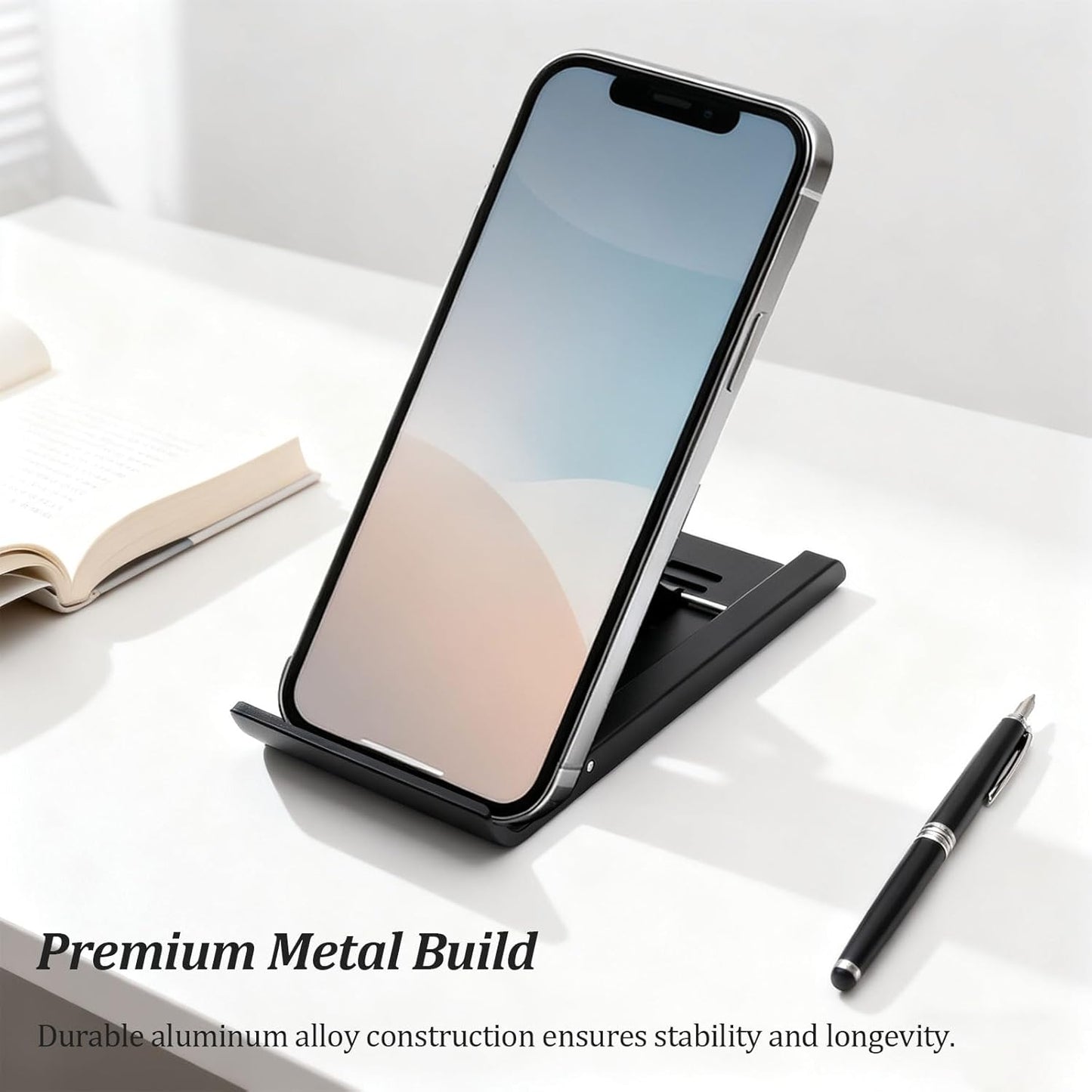 Attkryy Compact Adjustable Foldable Phone Stand for Desk - Black, Mini Mobile Holder for iPhone, Kindle