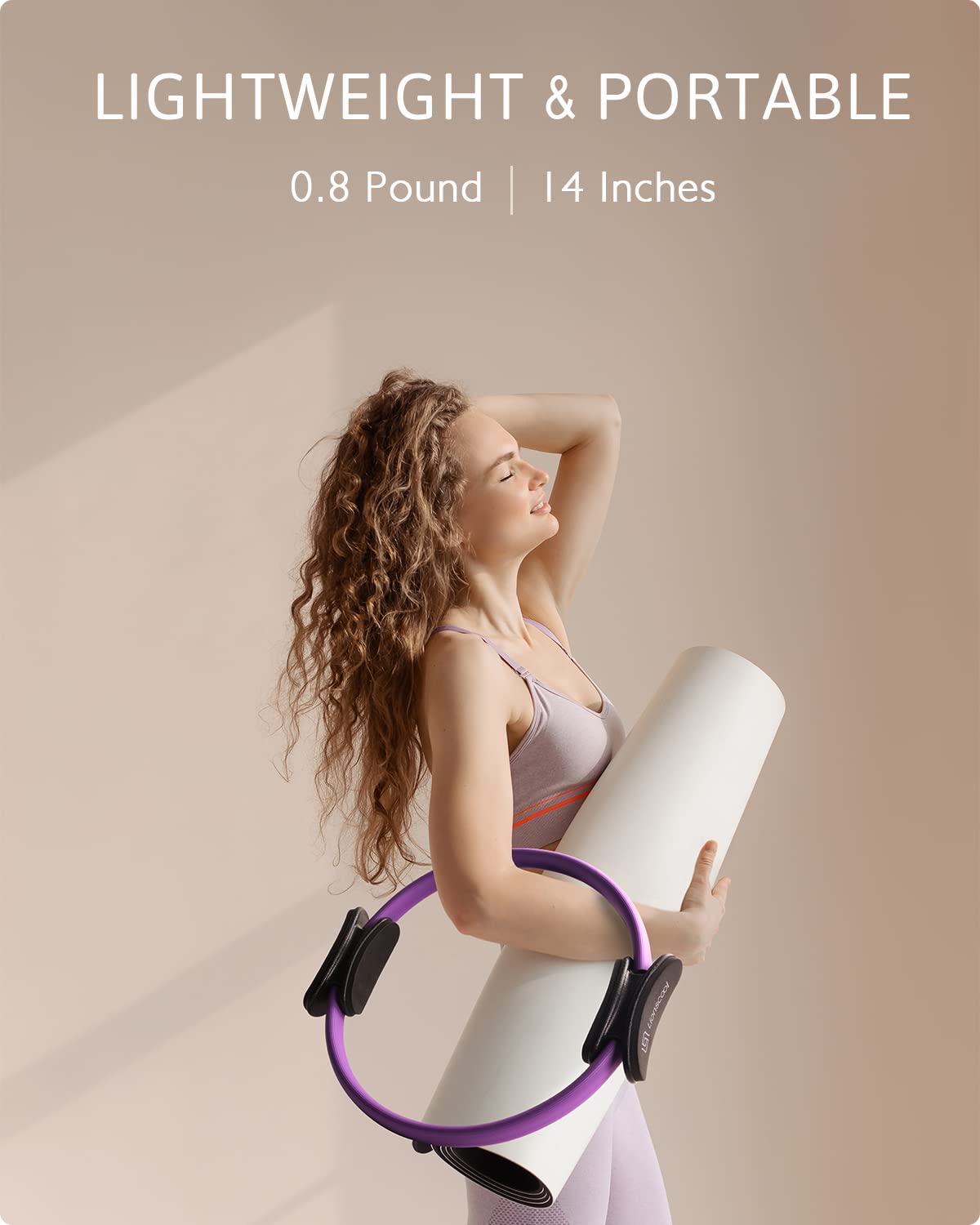 LIONSCOOL Pilates Ring Set (Purple) - 14" Anti-Deformation Magic Circle with Padded Handles, 9" Mini Ball, Elastic Latex Resistance Bands, Guide & Bag