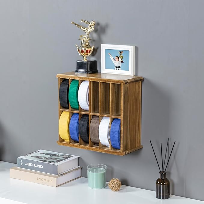 MyGift 12 Compartment Rustic Burnt Solid Wood Wall Mounted Dual Display Martial Arts Belt Holder with Top Trophy Storage Shelf in Horizontal or Vertical Mount