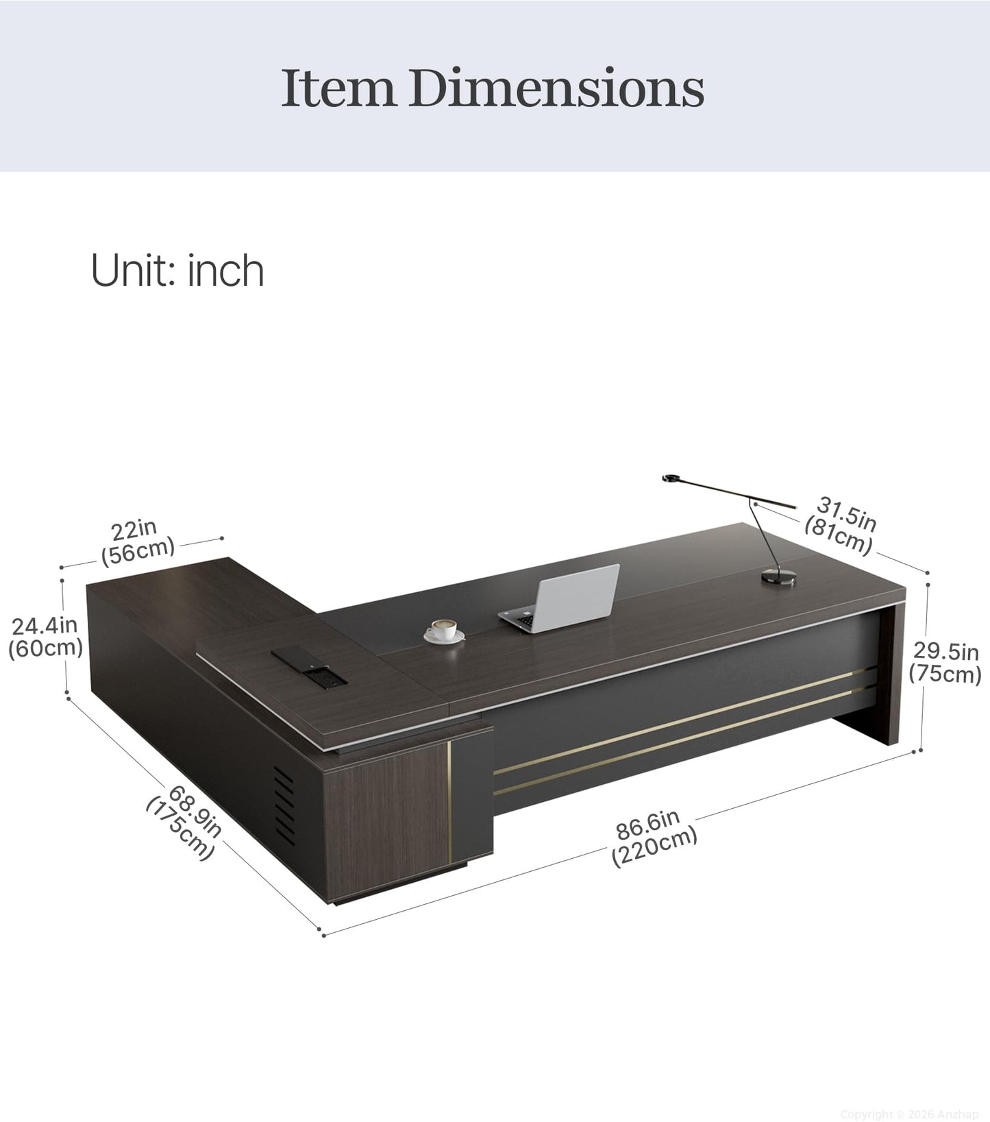 87" Reversible L-Shaped Executive Desk with Drawers, Modern Large Office Desk with Open Shelves, Ventilated CPU Compartment, Built-in Outlet & USB Ports – Home Office Desk (87"L x 69"W x 30"H)