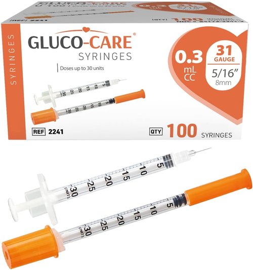 GLUCO-CARE 31G x 5/16’’ Syringes - 0.3 ml/cc, Orange Cap, Box of 100 for Precision Dosing