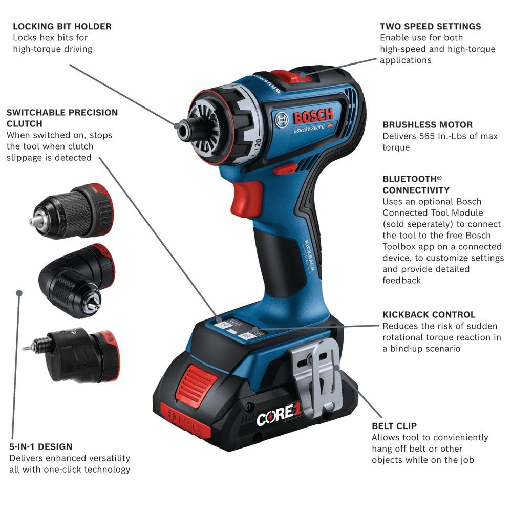 BOSCH GSR18V-800FCB24 18V Drill/Driver with 5-In-1 Flexiclick® System and (1) CORE18V® 4 Ah Advanced Power Battery