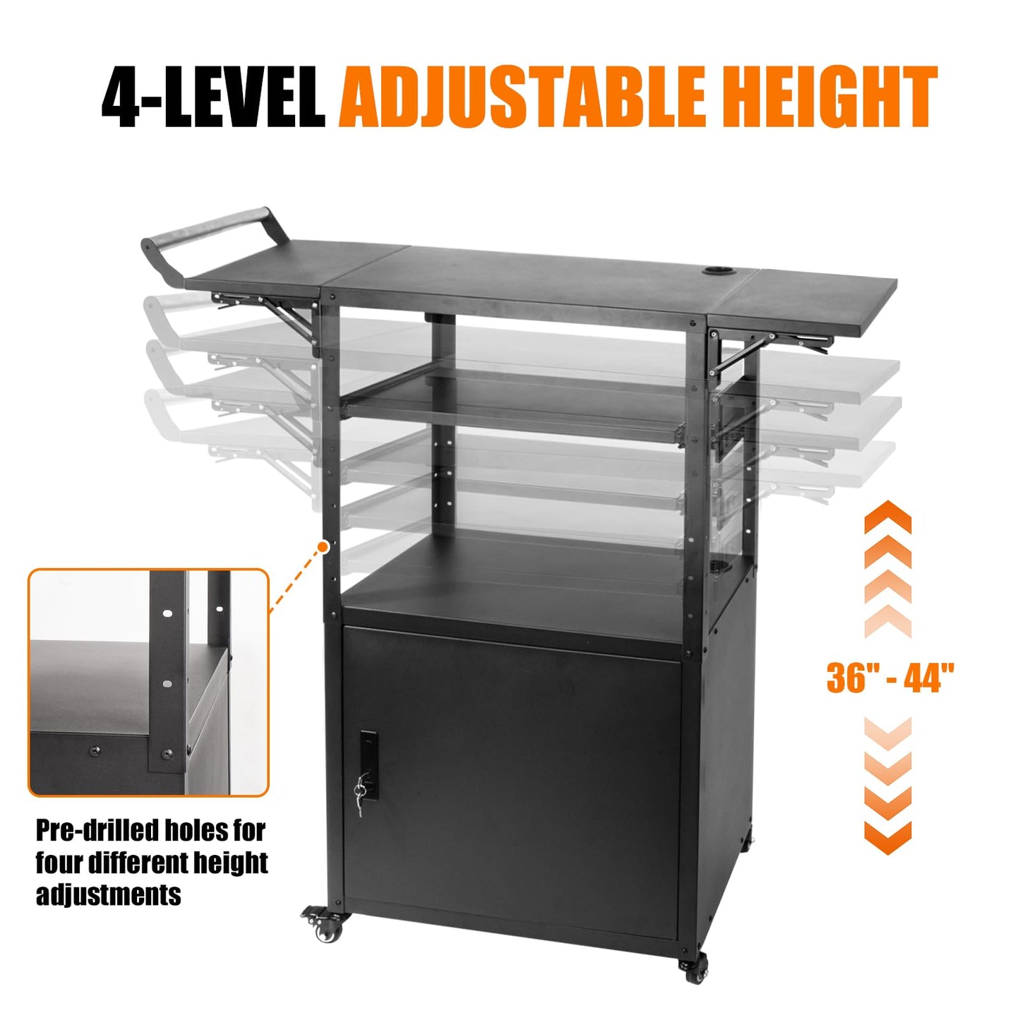 Large Mobile AV Cart with Locking Cabinet and Drop Leaves, Height Adjustable Steel AV Cart with Wheels and Power, Rolling Computer Cart with Pullout Keyboard Tray for Office, Warehouse&Classroom