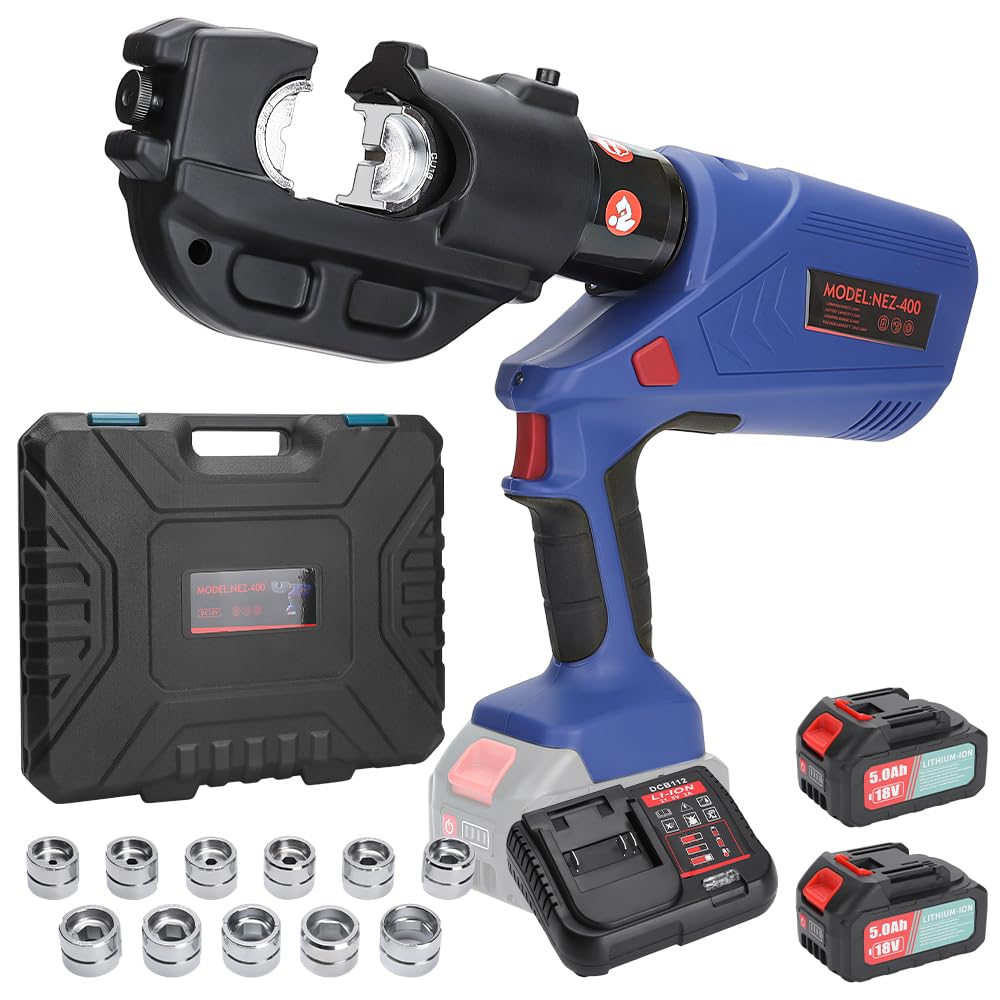 aienvh Electric Hydraulic Cable Crimping Tool 12 Ton, with Digital Display, Suitable for Wires and Copper/Aluminum Terminals, Includes 11 Sets of Dies and 2 Rechargeable 5.0A Batteries