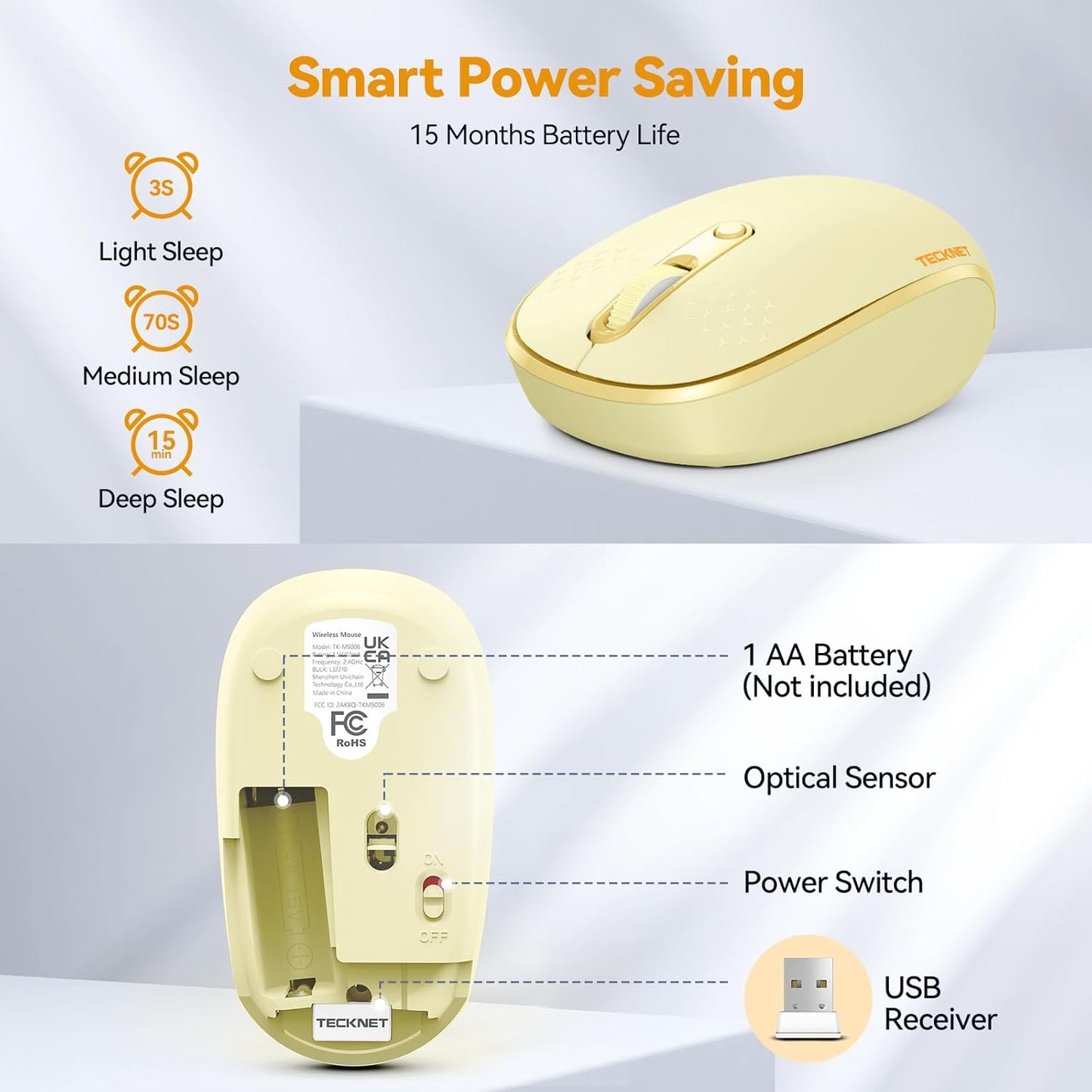 TECKNET 2.4G 4 800/1200/1600 Wireless Mouse, Quiet Computer Mouse with USB Receiver, Buttons Portable Cordless Mice