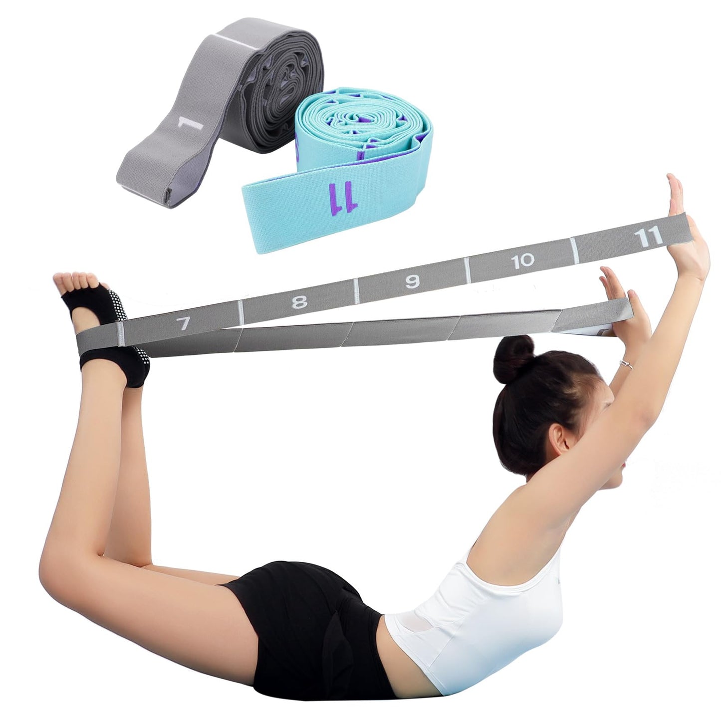 2 PCS 11 Grids Adjustable Yoga Stretch Band, Elastic Stretching Strap, Leg Stretch Equipment Flexibility Resistance Stretch Band for Physical Stretching, Pilates, Ballet, Dance (Gray+Blue)