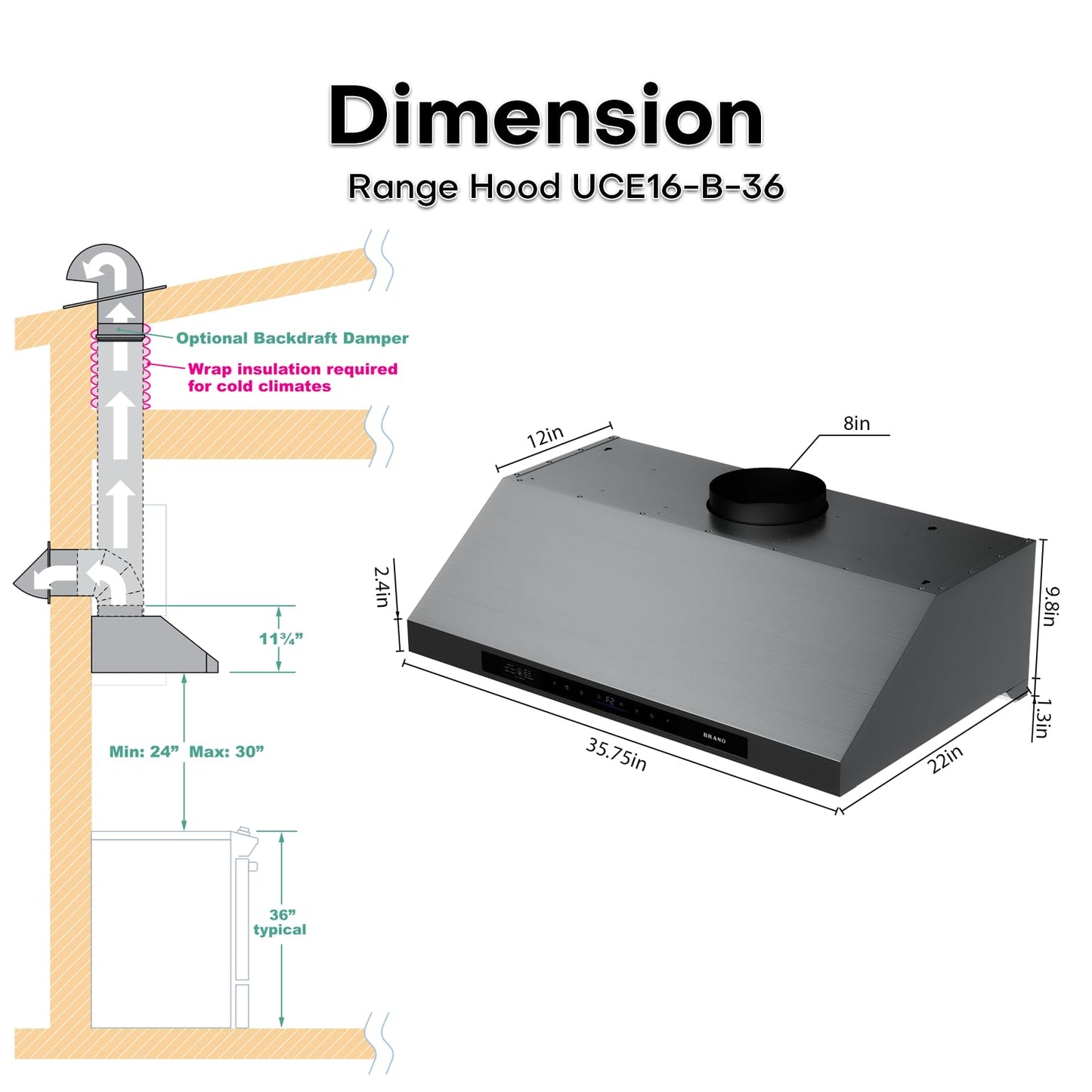 BRANO 30inch Under Cabinet Range Hood with 1200 CFM Power, Stainless Steel Ducted Vent Hood with Voice & Gesture Control, PVD Titanium Plated Finish, 6 Speed, DC Motor(30inch)