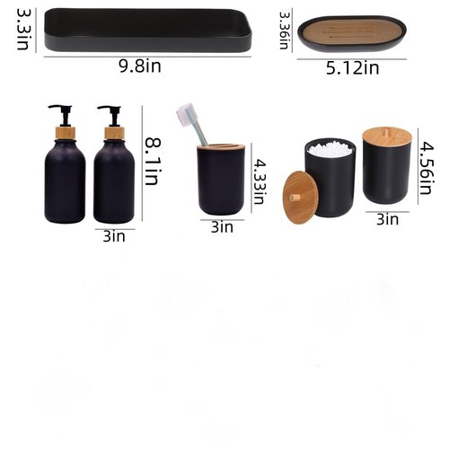 FNGJMJG Matte Black Bathroom Accessories Set 7 Pcs,Bamboo Bathroom Accessories Sets,Black Soap Dispenser and Toothbrush Holder Set,Qtip Holder,Vanity Tray,Soap Dish,Modern Bathroom Decor